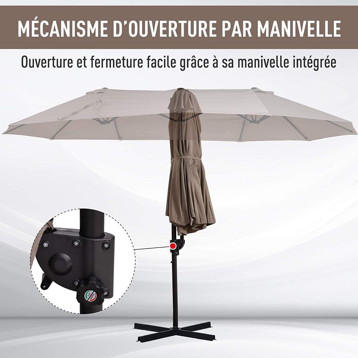 OUTSUNNY Parasol déporté grande taille XXL inclinable dim. 4,4L x 2,7l x 2,5H m piètement en acier inclus polyester marron