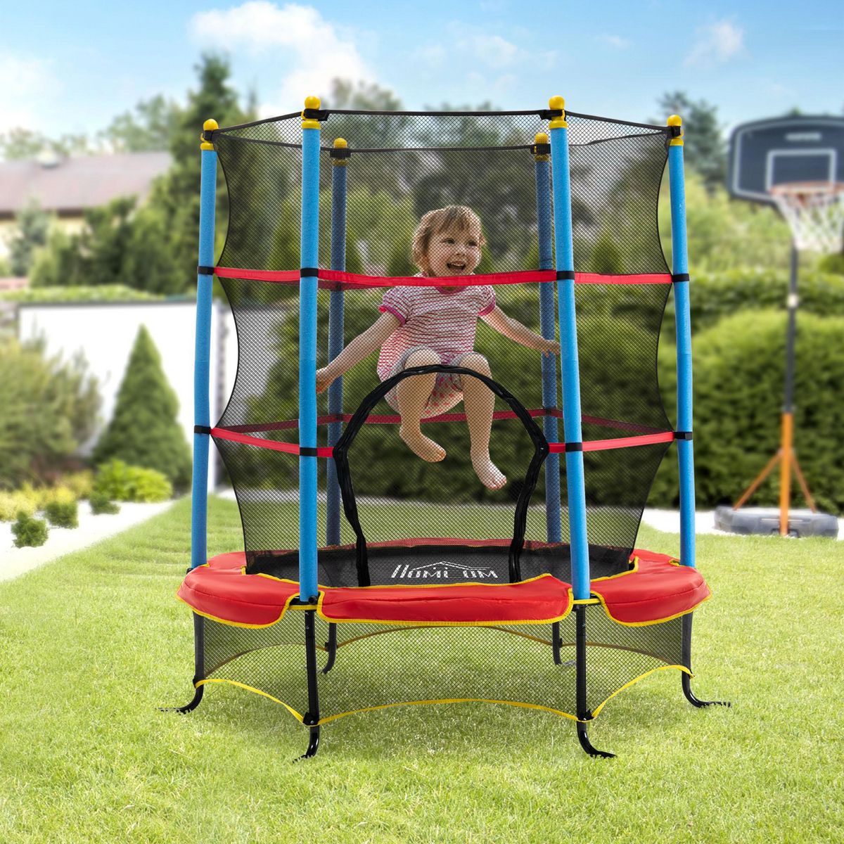 HOMCOM Trampoline de jardin enfant Ø 1,65 × 1,62H m filet de sécurité porte zipée couvre-ressorts + 6 poteaux rembourrés inclus rouge bleu noir