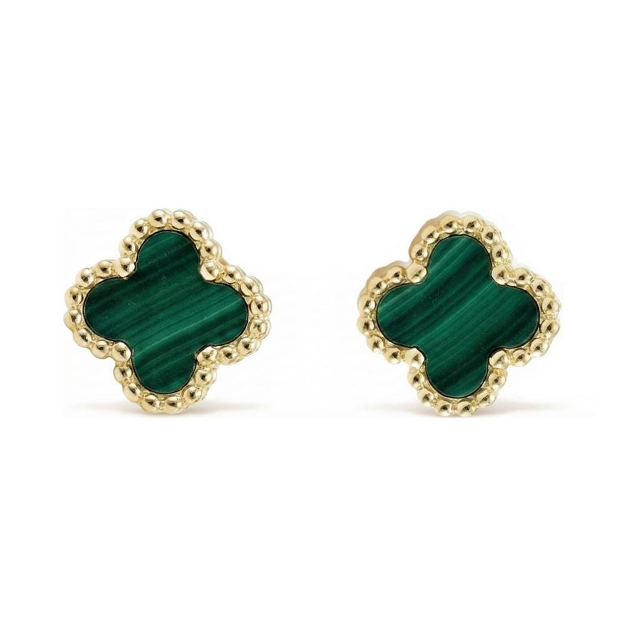 L'ATELIER D'AZUR Boucles d'Oreilles Or Jaune et Malachite - Puces Motif Trèfle à Quatre Feuilles