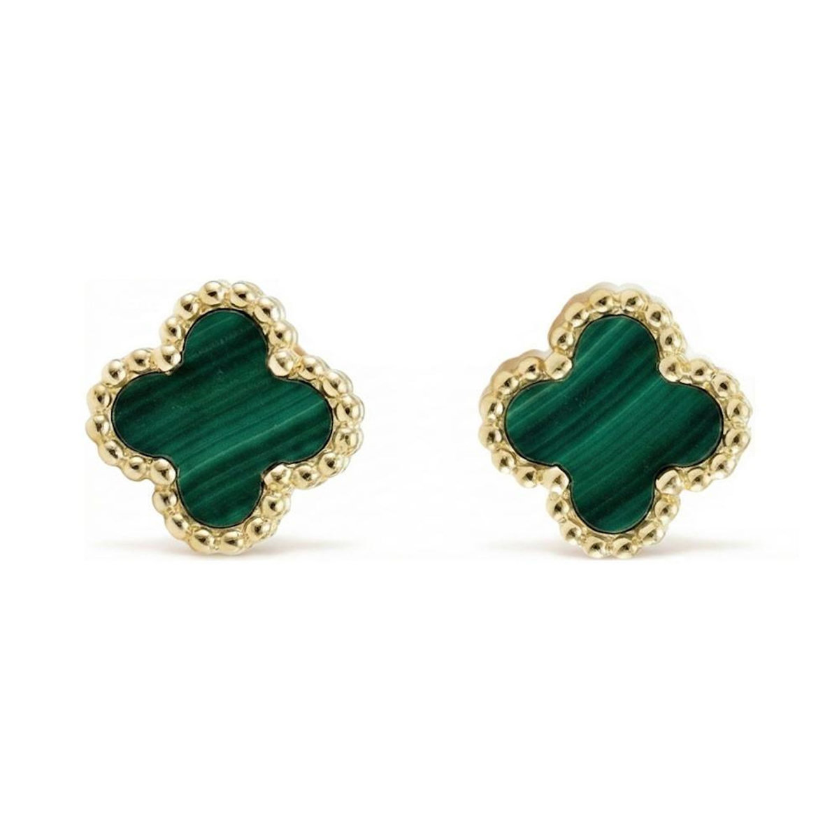 L'ATELIER D'AZUR Boucles d'Oreilles Or Jaune et Malachite - Puces Motif Trèfle à Quatre Feuilles