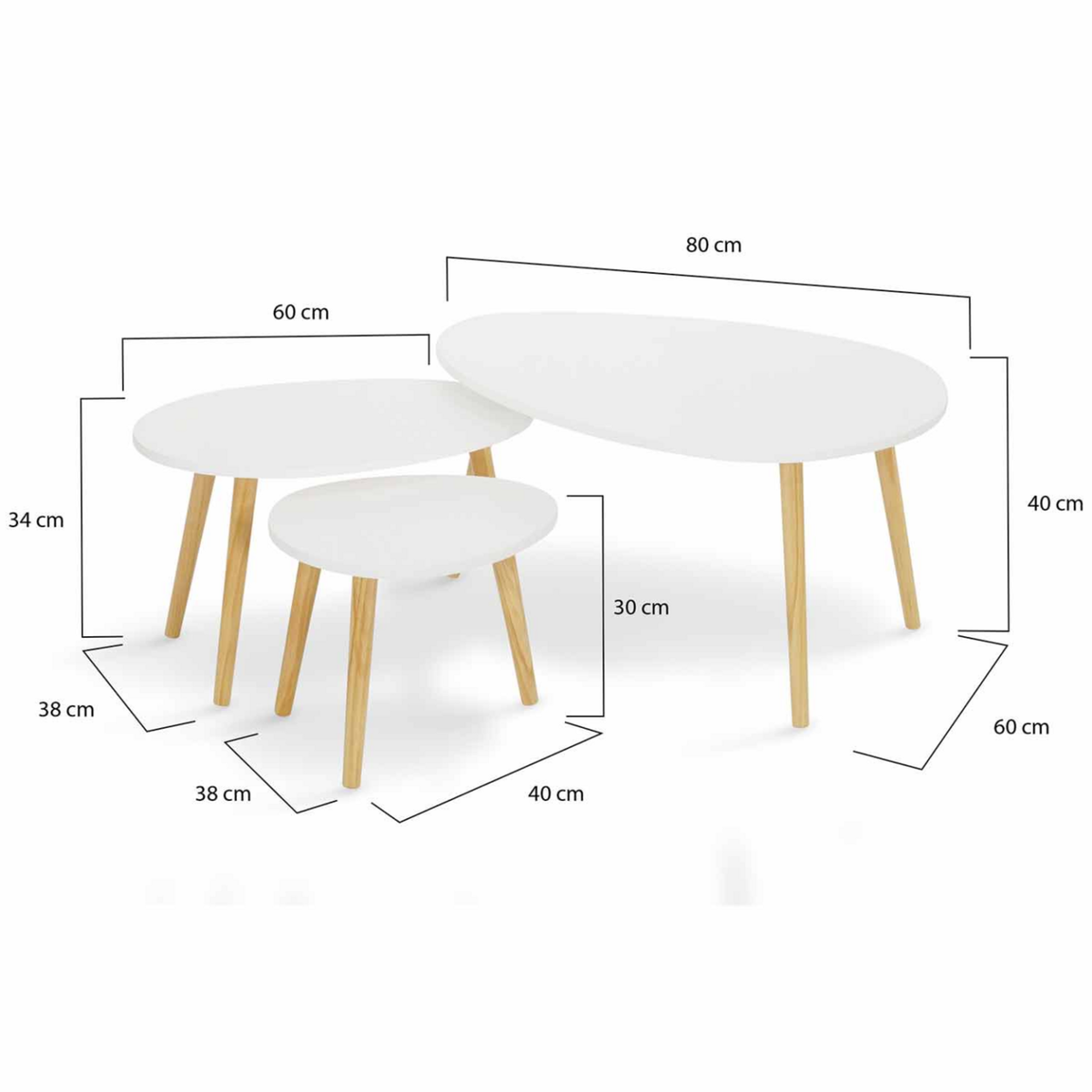 ID MARKET Lot de 3 tables basses gigognes GAIA laquées blanc scandinave