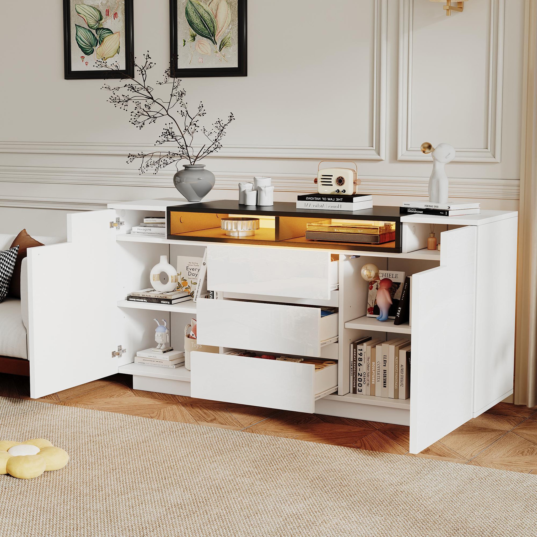 Voir la diapositive 5 : MERAX Buffet 2 porte(s) 3 tiroir(s) - 140 cm blanc led panneau de particules