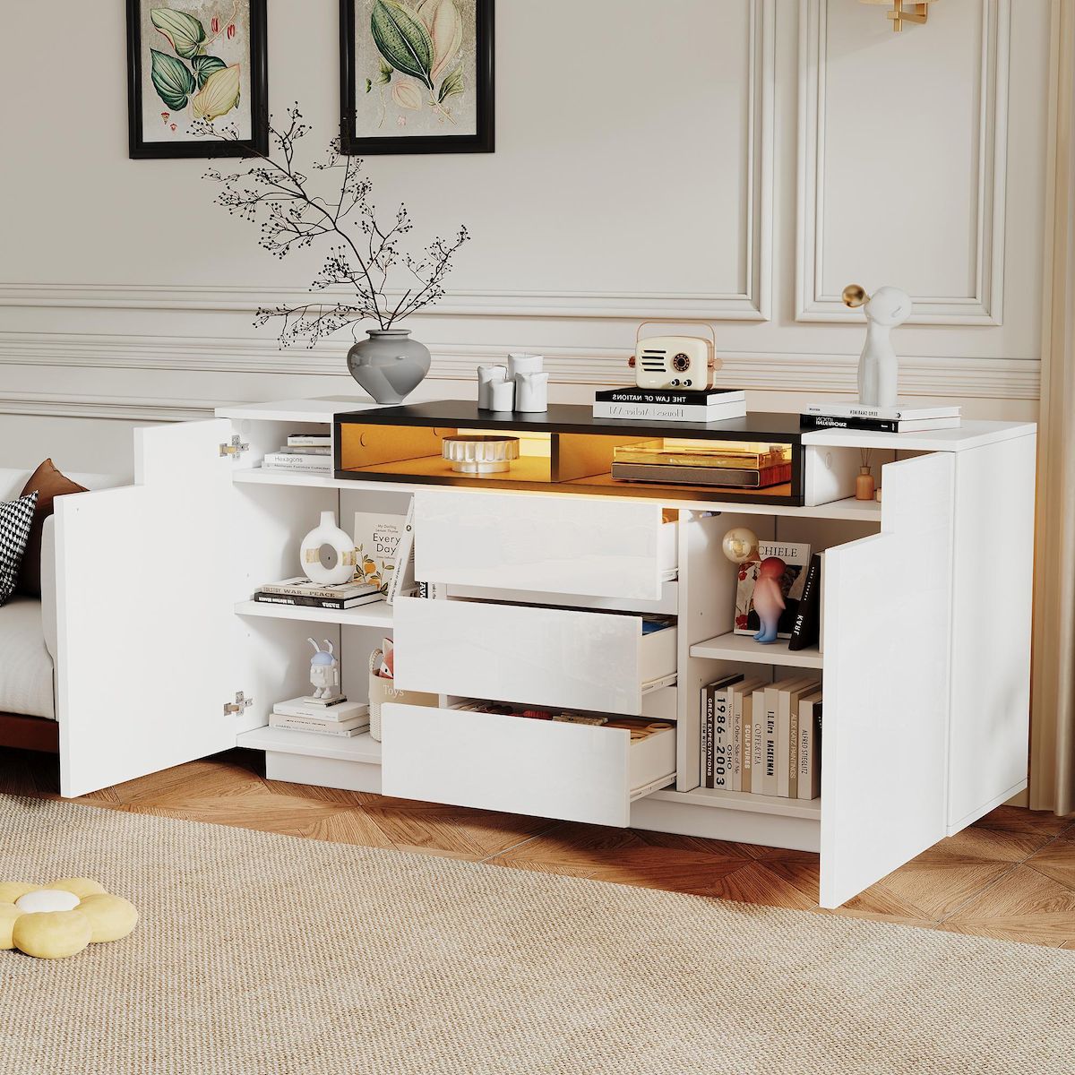 MERAX Buffet 2 porte(s) 3 tiroir(s) - 140 cm blanc led panneau de particules