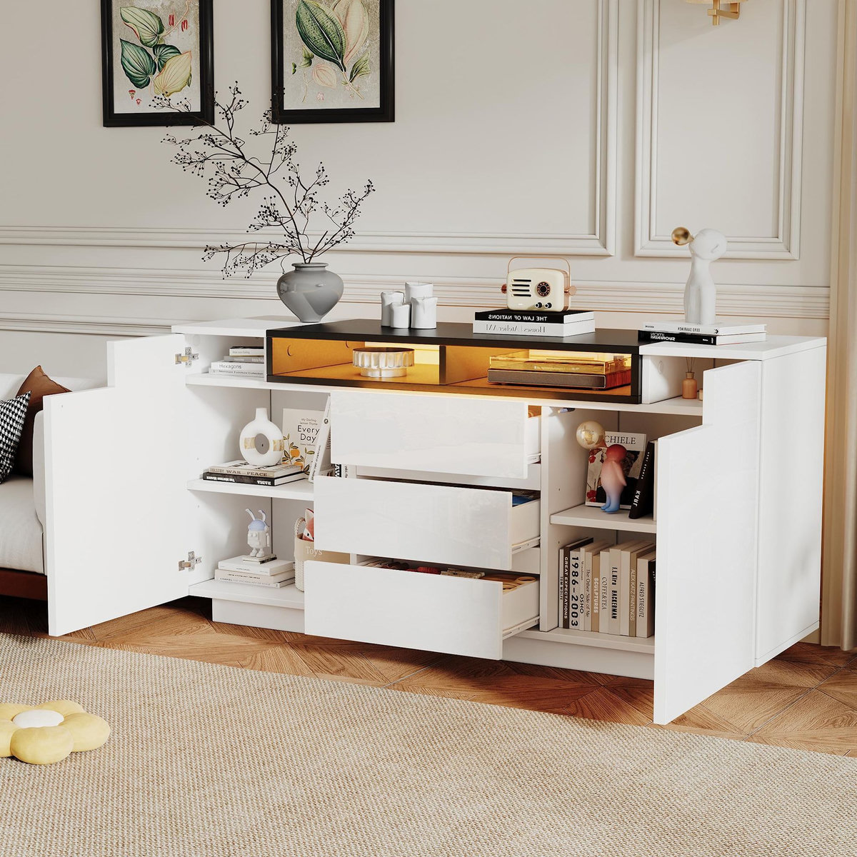 MERAX Buffet 2 porte(s) 3 tiroir(s) - 140 cm blanc led panneau de particules