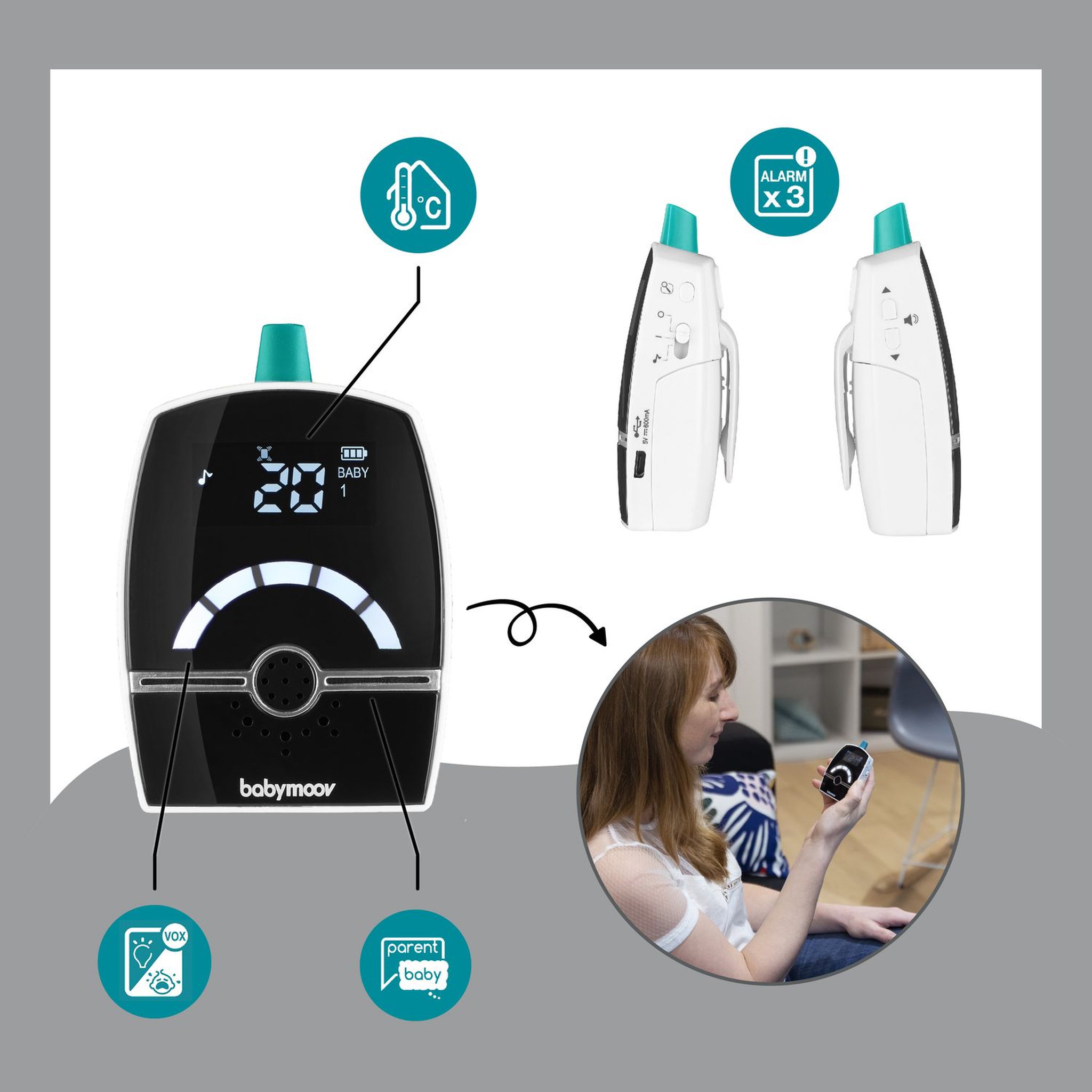Voir la diapositive 4 : BABYMOOV Babyphone Audio Premium Care - 1400 mètres
