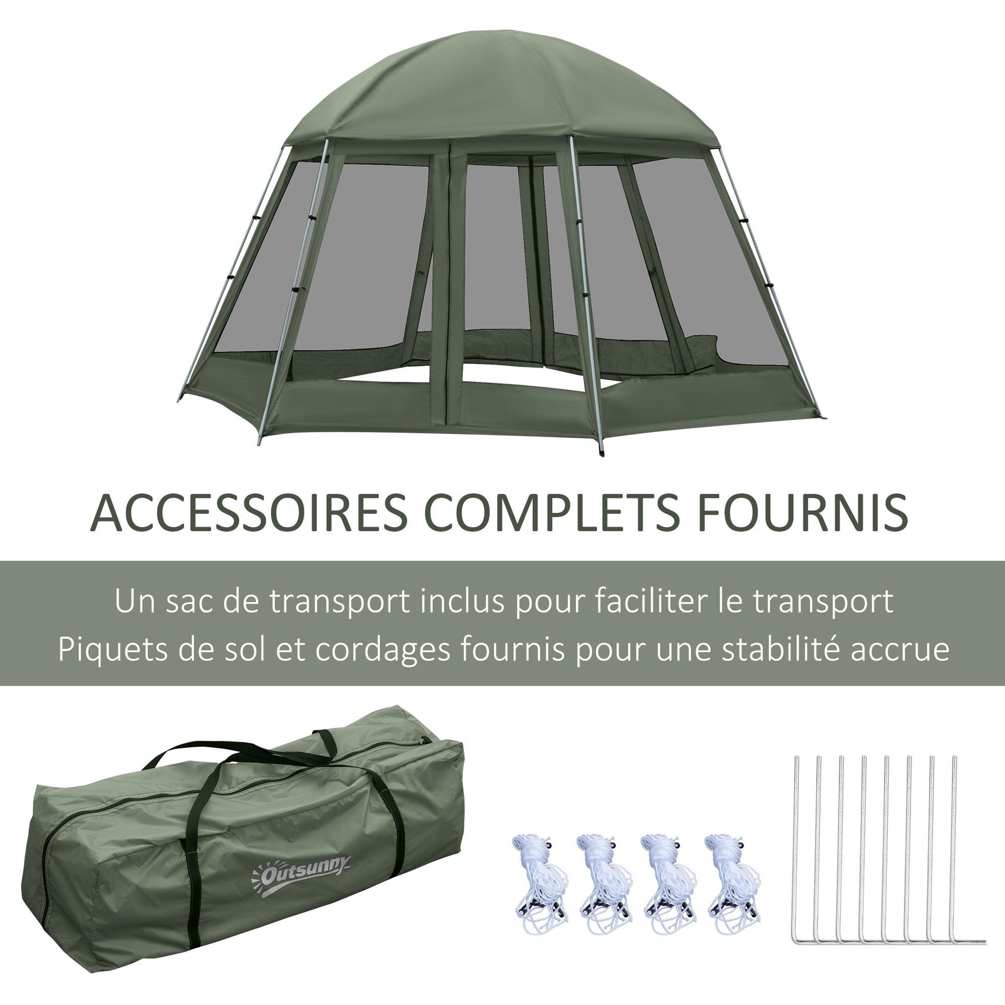 Voir la diapositive 4 : OUTSUNNY Tente de camping familiale 6-8 personnes - tente hexagonale - avec sac de transport et piquets de sol - dim. 493L x 493L x 240H cm fibre verre polyester - vert