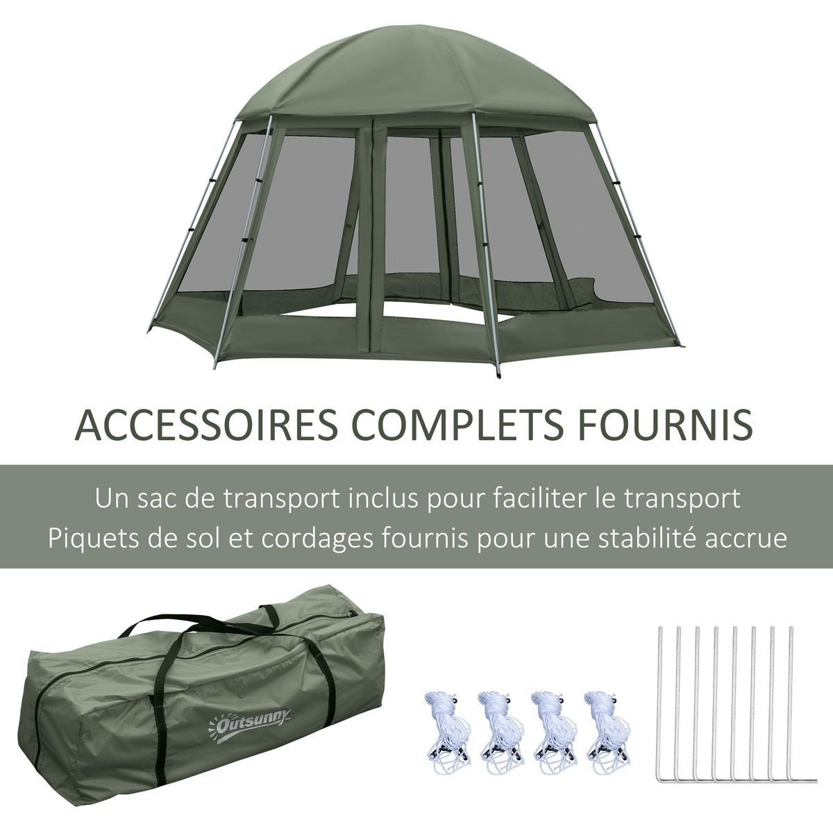 OUTSUNNY Tente de camping familiale 6-8 personnes - tente hexagonale - avec sac de transport et piquets de sol - dim. 493L x 493L x 240H cm fibre verre polyester - vert