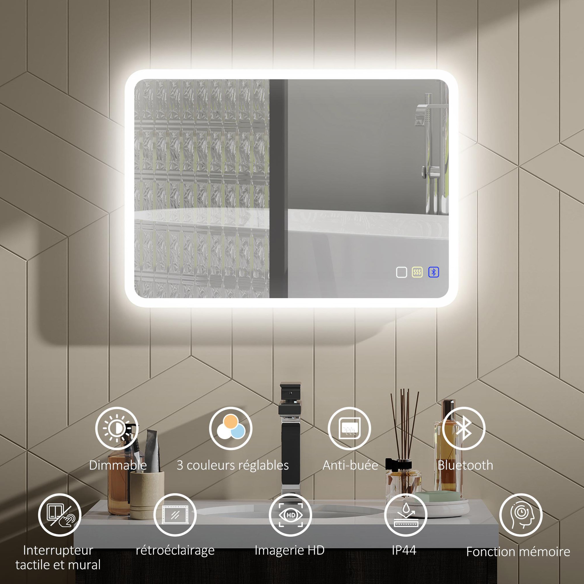 Voir la diapositive 4 : HOMCOM Miroir lumineux led salle de bain 50 x 70 cm bluetooth interrupteur tactile lumière réglable 3 couleurs fonction anti-buée et mémoire
