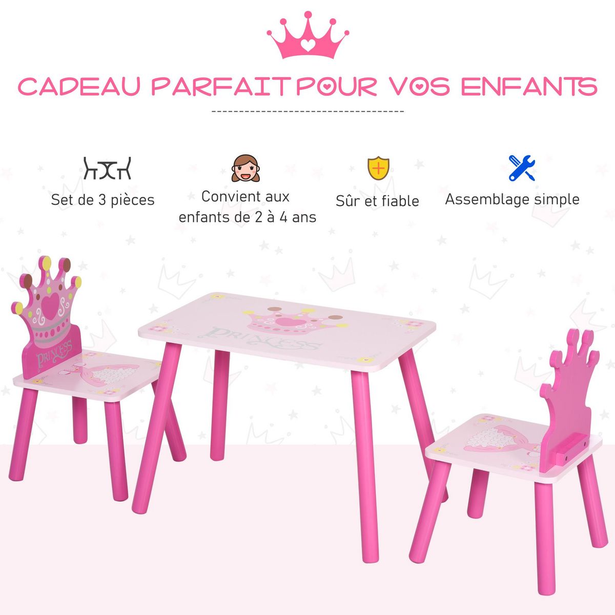 HOMCOM Ensemble table et chaises enfant design princesse motif couronne bois pin MDF rose