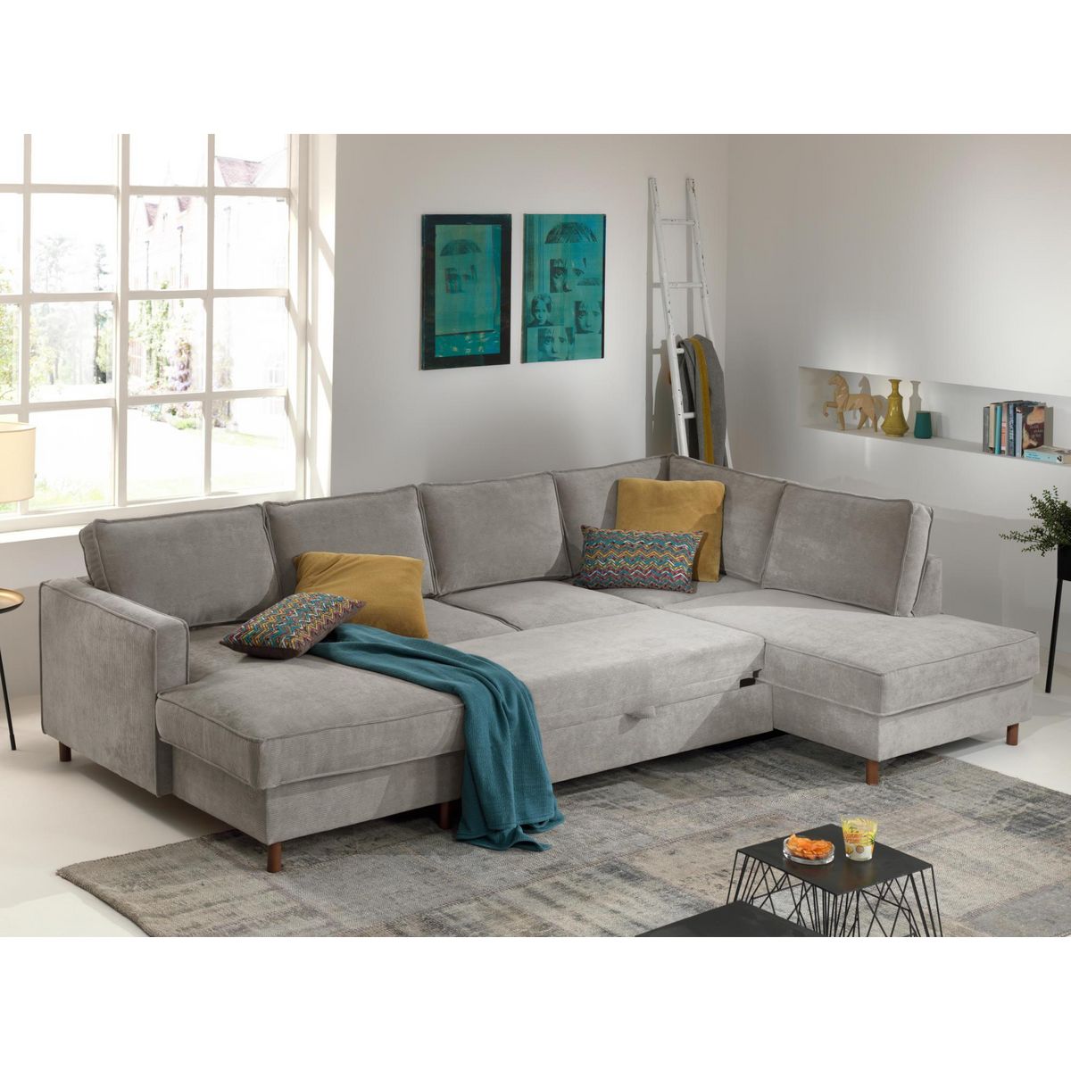 LISA DESIGN Jake - canapé panoramique d'angle droit - convertible avec coffre - 7 places - en velours côtelé