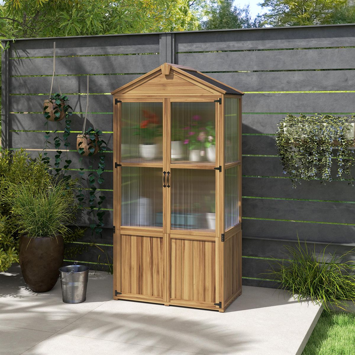 OUTSUNNY Armoire de jardin en bois - 2 portes, 2 étagères, toit bitumé - dim. 94 x 55 x 178 cm - sapin pré-huilé polycarbonate