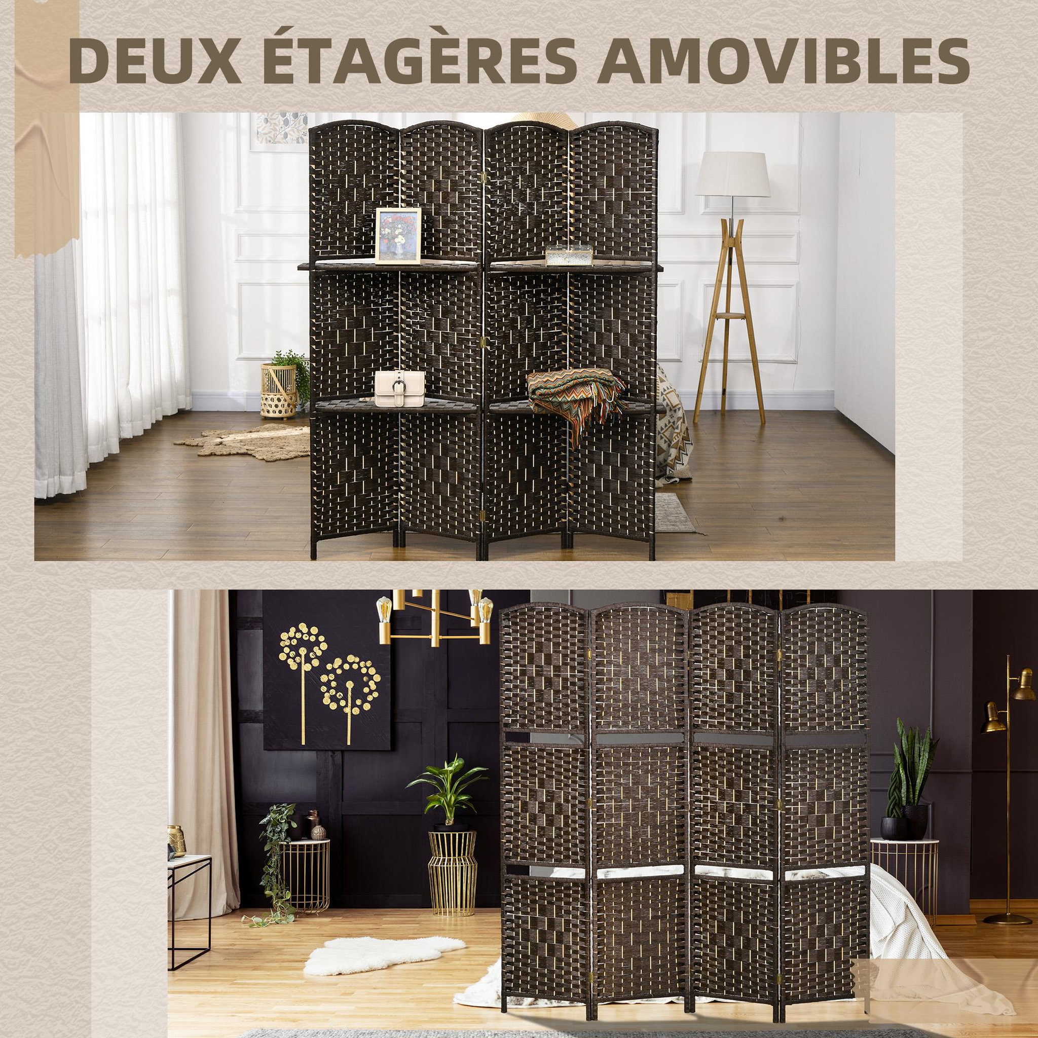 Voir la diapositive 5 : HOMCOM Paravent séparateur de pièce 4 panneaux pliables dim. 160L x 170H cm - 2 étagères - bois fibre papier brun