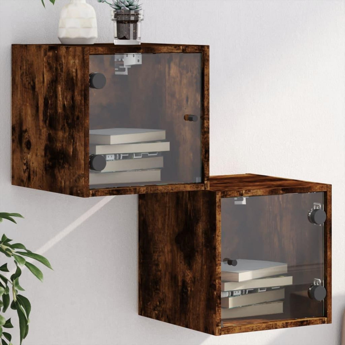 VIDAXL Tables de chevet et portes vitrees 2 pcs chene fume 35x37x35 cm