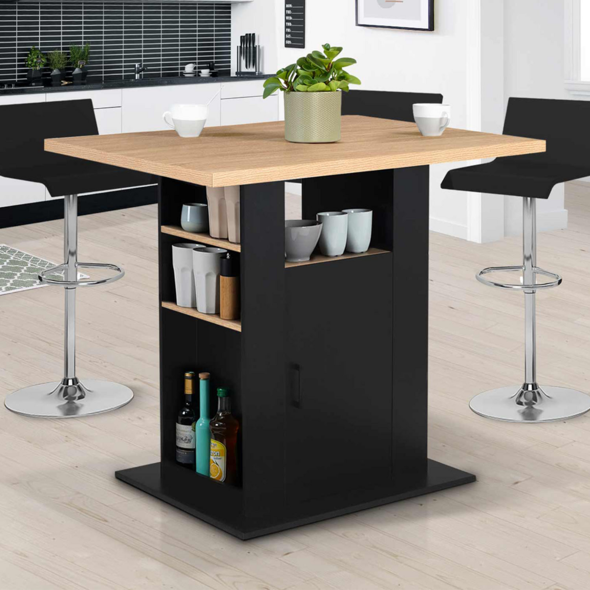 ID MARKET Ilot central UGO 110 cm bois noir et imitation hêtre avec rangements