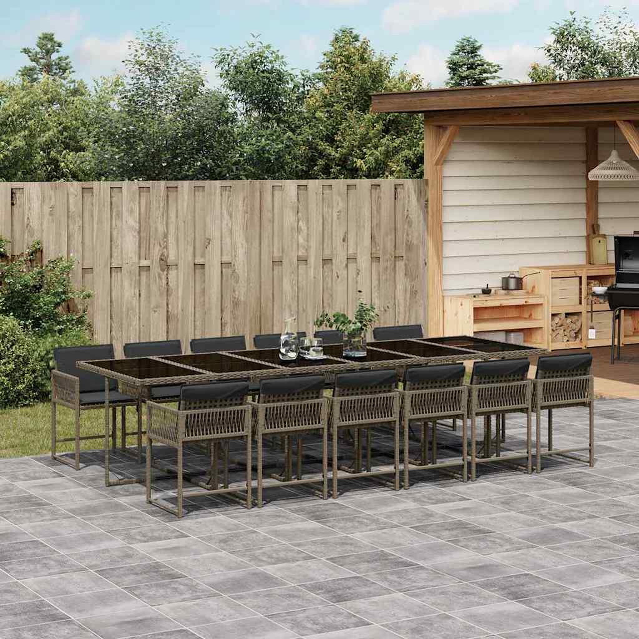 VIDAXL Ensemble a manger de jardin coussins 13 pcs gris resine tressee