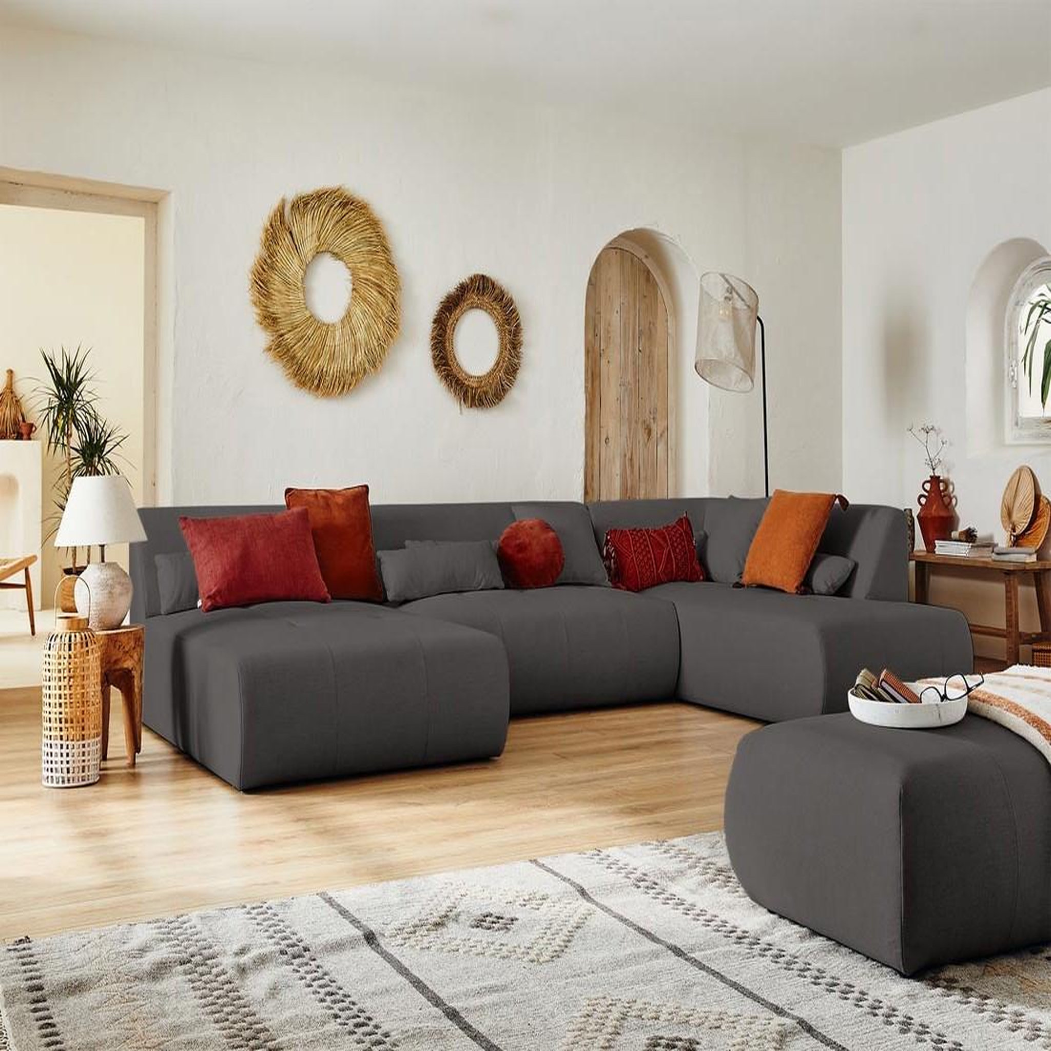 Voir la diapositive 2 : LISA DESIGN Onyx - canapé panoramique d'angle droit 7 places - en tissu