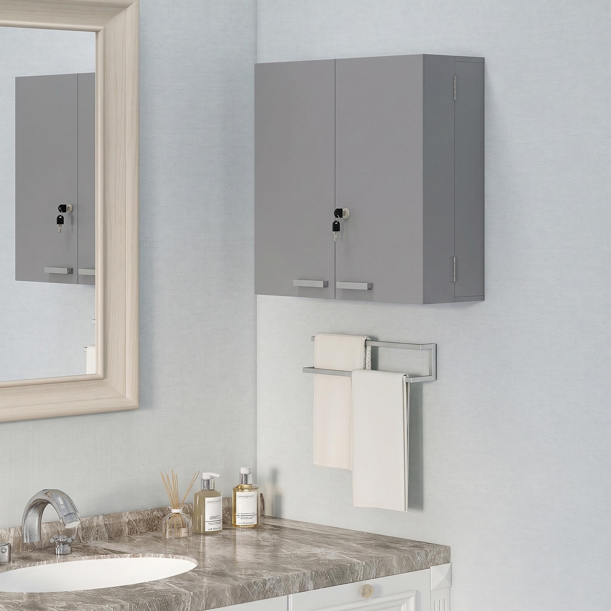 Voir la diapositive 2 : HOMCOM Armoire à pharmacie 4 étagères double porte verrouillable MDF gris