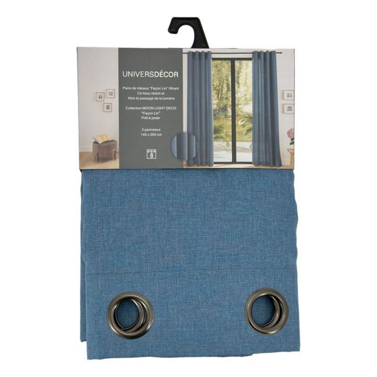 UNIVERS DECOR Paire de rideaux tamisant à œillets Effet Lin  Moonlight  Bleuet - Bleu - 2 Panneaux 140 x 260 cm