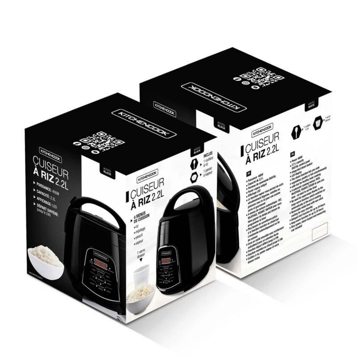 KITCHENCOOK Kitchencook - Cuiseur à Riz 2.2l - Panier Vapeur Intégré - 400w - 4 Menus De Cuisson Automatique - Départ Différé - Noir