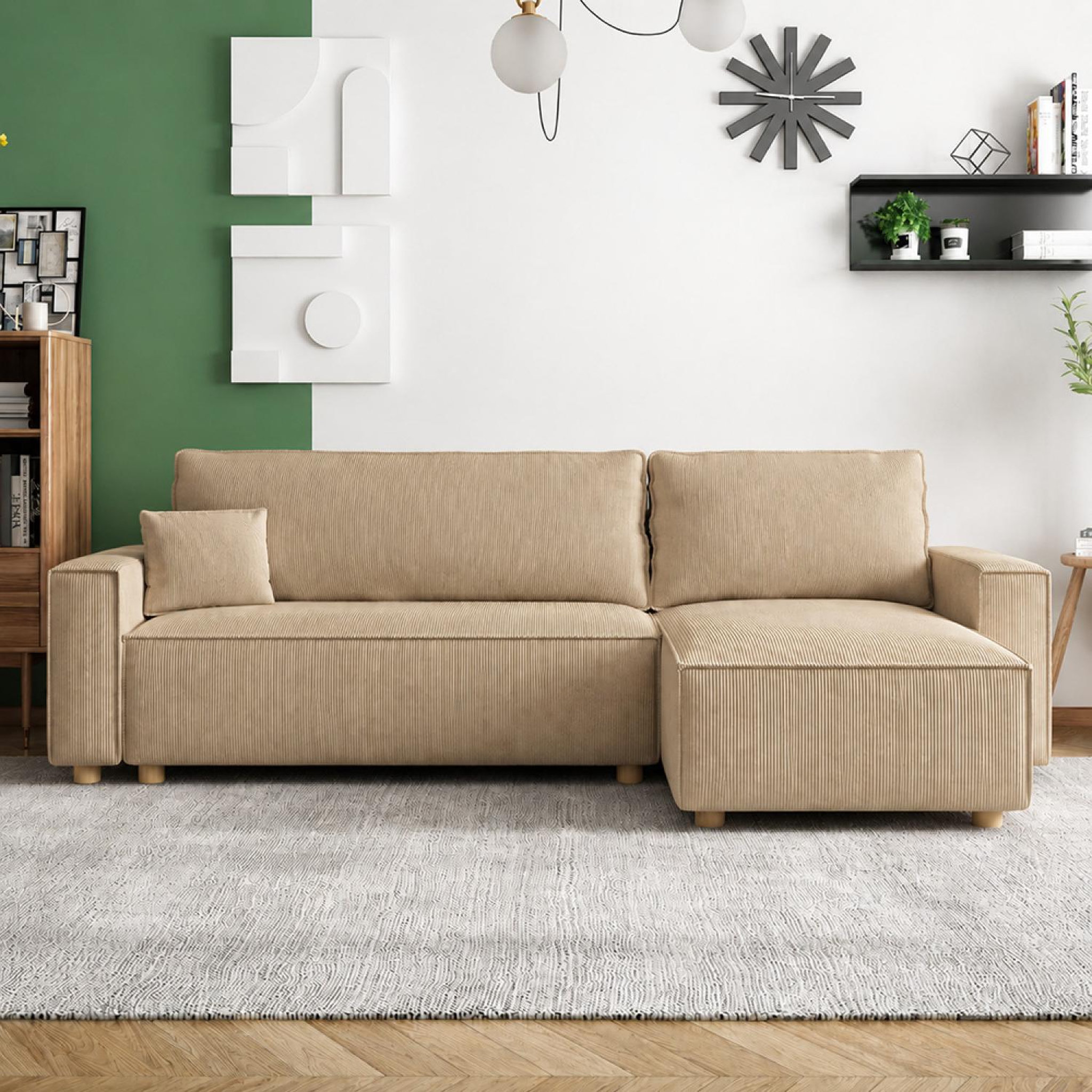 Voir la diapositive 2 : CONCEPT USINE Canapé convertible d'angle réversible 4 places velours côtelé beige cosy