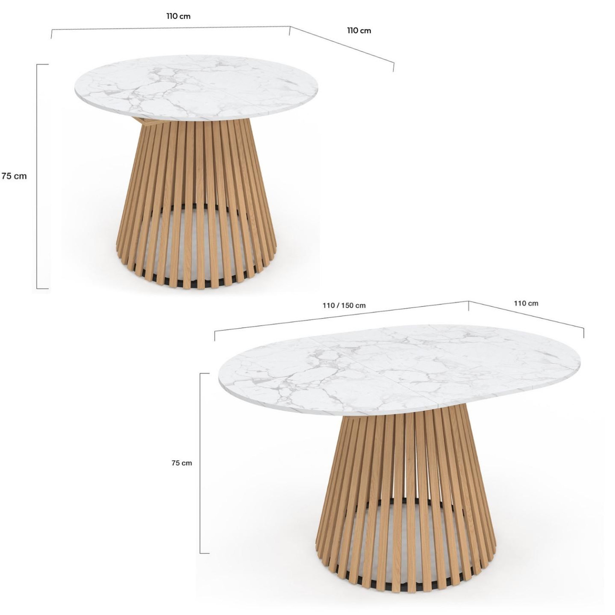 Voir la diapositive 5 : ID MARKET Table à manger extensible ronde carmen 4-8 personnes pied bois en lattes et plateau marbre blanc alaska 110 - 150 cm
