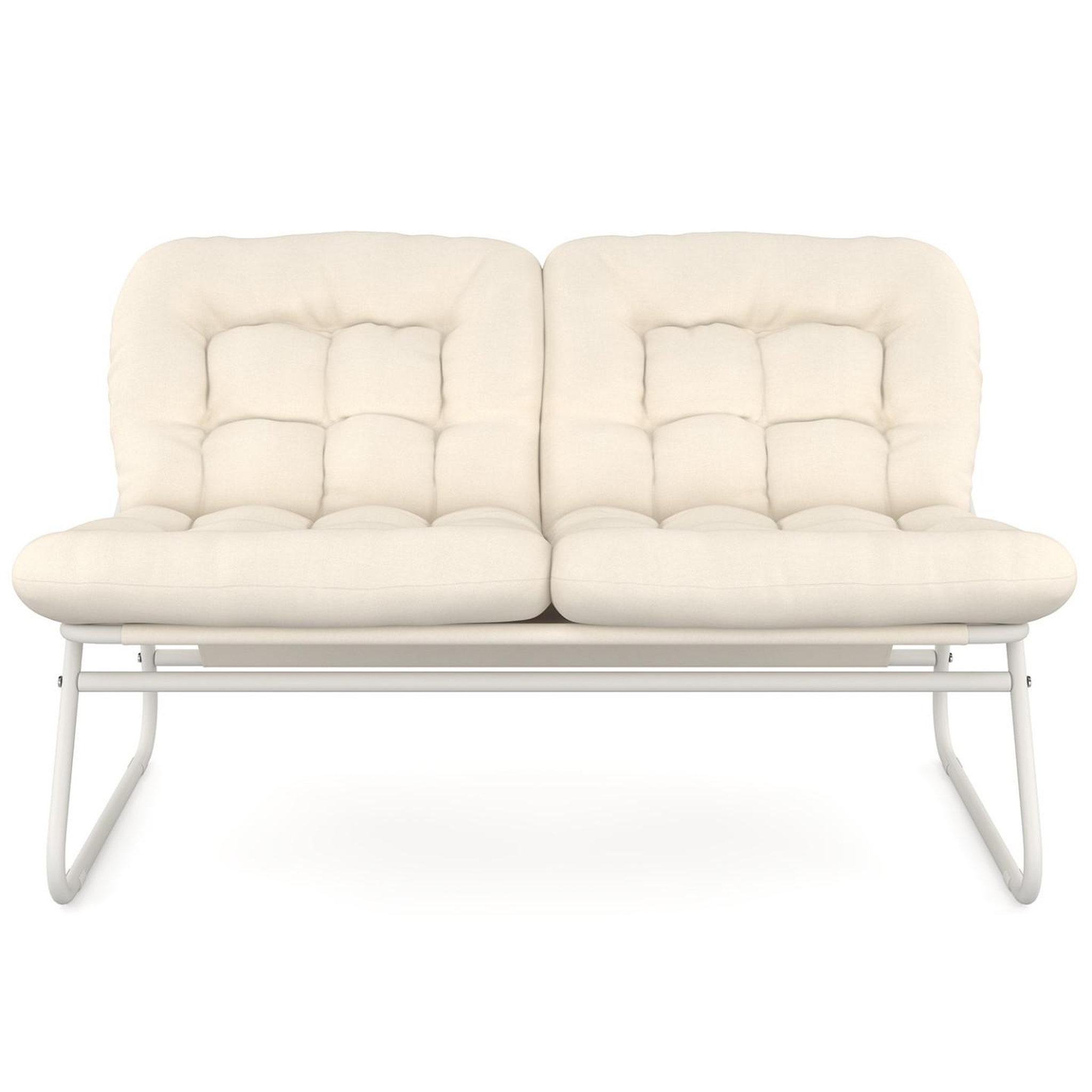 Voir la diapositive 3 : ID MARKET Salon de jardin bas arona 4 places en acier blanc et coussins beiges avec canapé, fauteuils et table