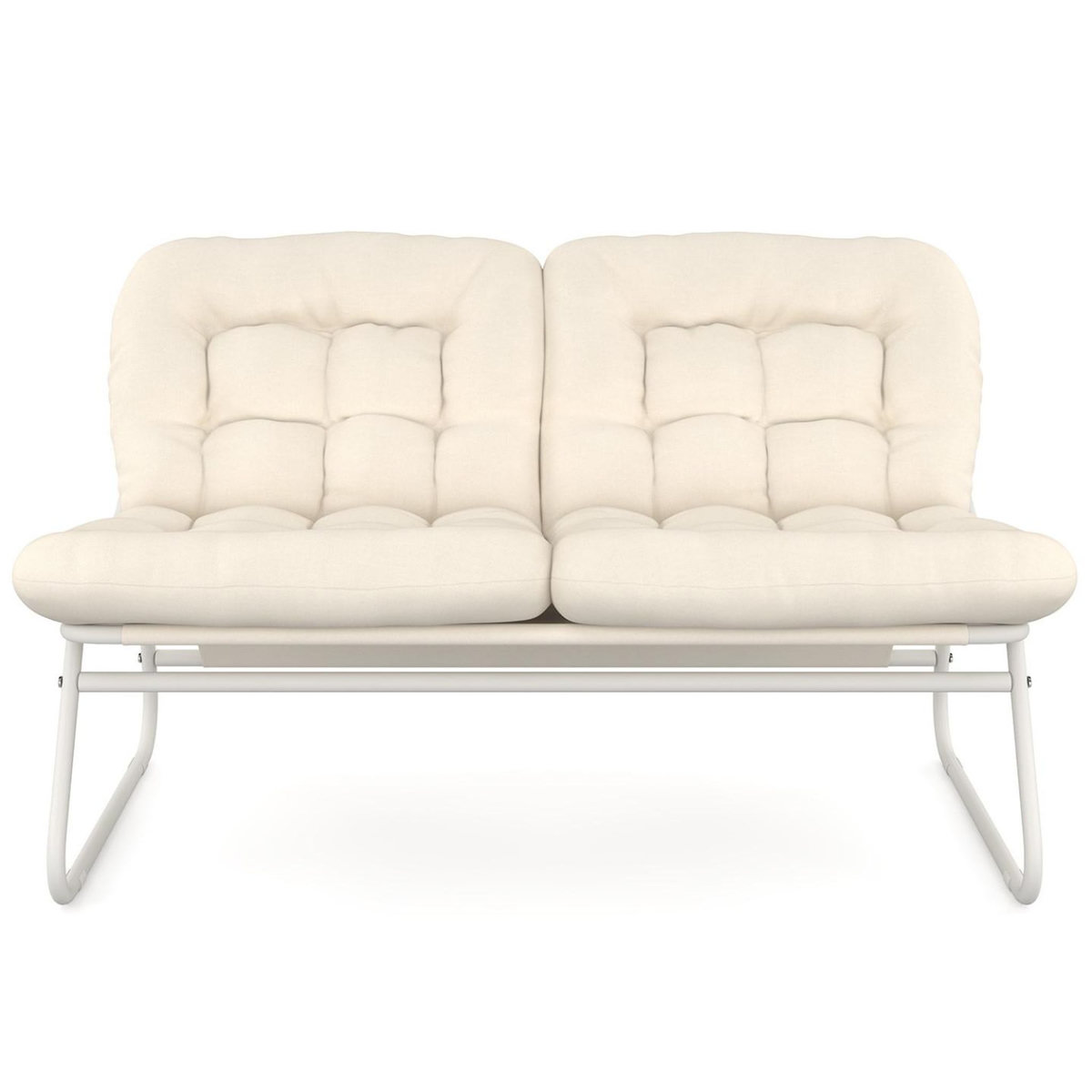 ID MARKET Salon de jardin ARONA bas 4 places en métal blanc et coussins beige avec canapé, fauteuils et table