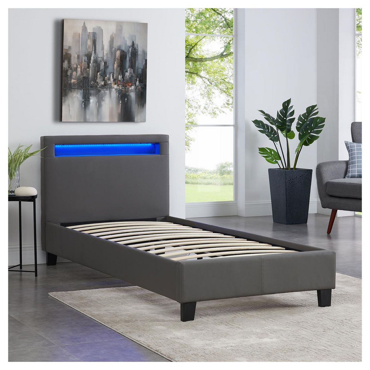 IDIMEX Lit LED simple LUCENO 90x190 cm, avec sommier, revêtement synthétique