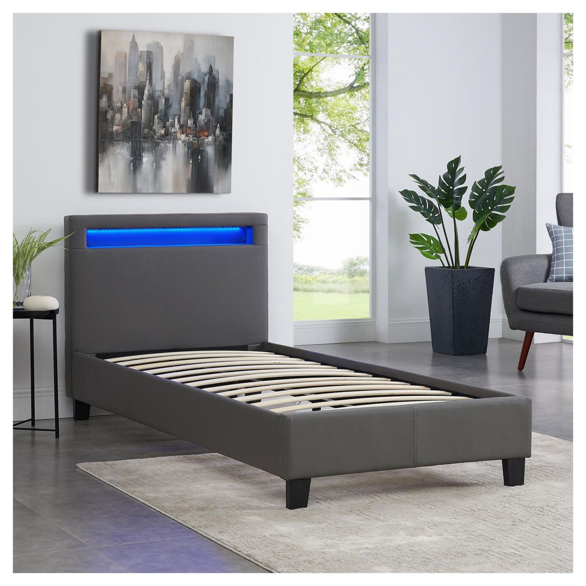 IDIMEX Lit LED simple LUCENO 90x190 cm, avec sommier, revêtement synthétique