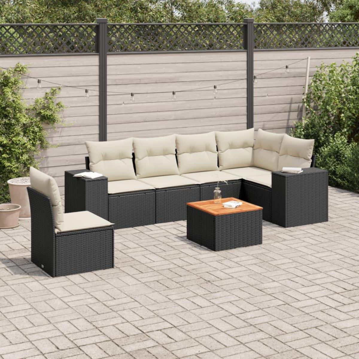 VIDAXL Salon de jardin 7 pcs avec coussins noir resine tressee