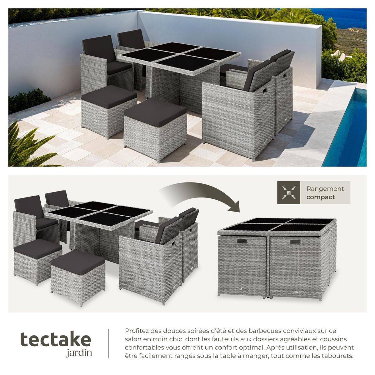 tectake Salon de jardin avec cadre en aluminium gris clair