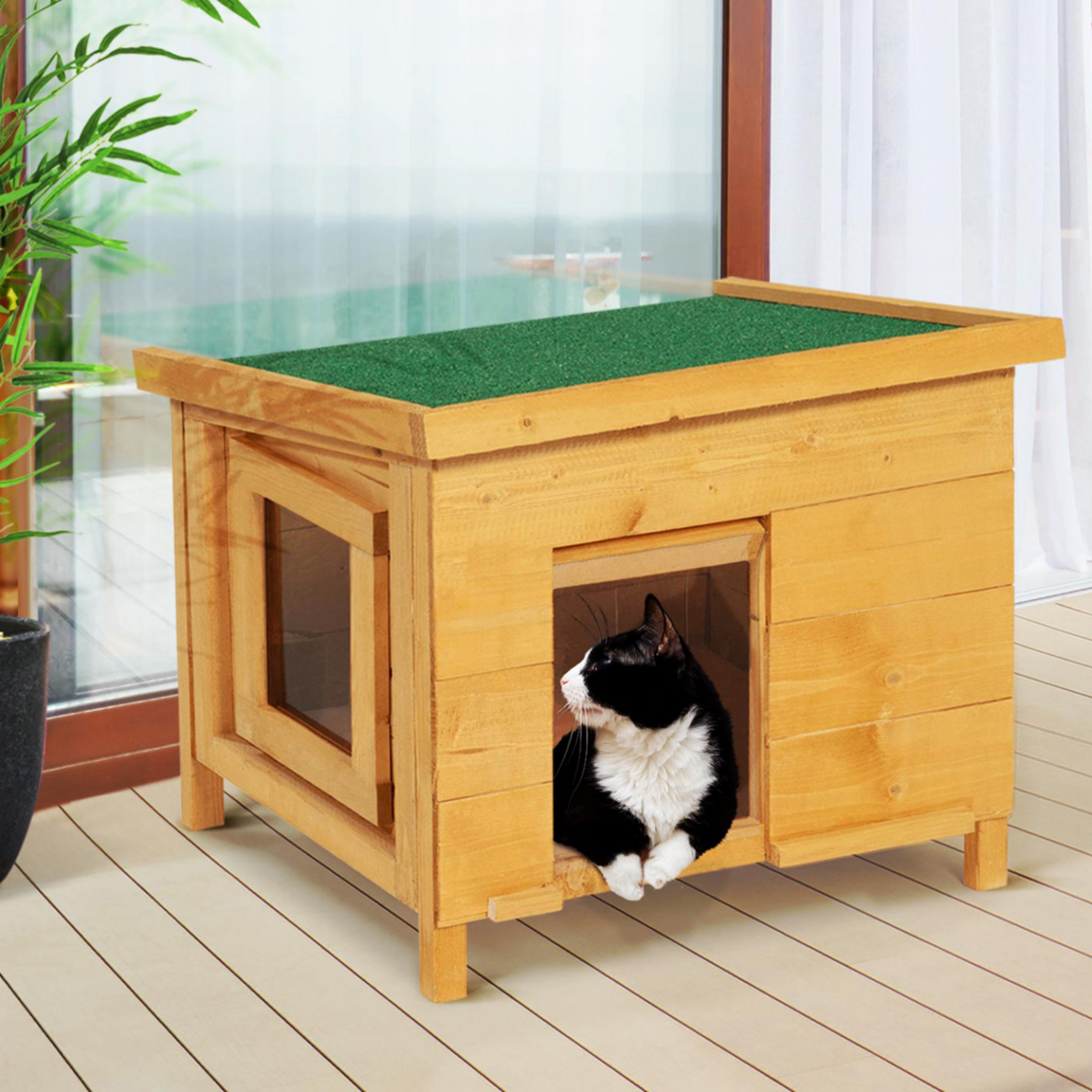 ID MARKET Maison pour chat niche en bois avec porte basculante à lamelles
