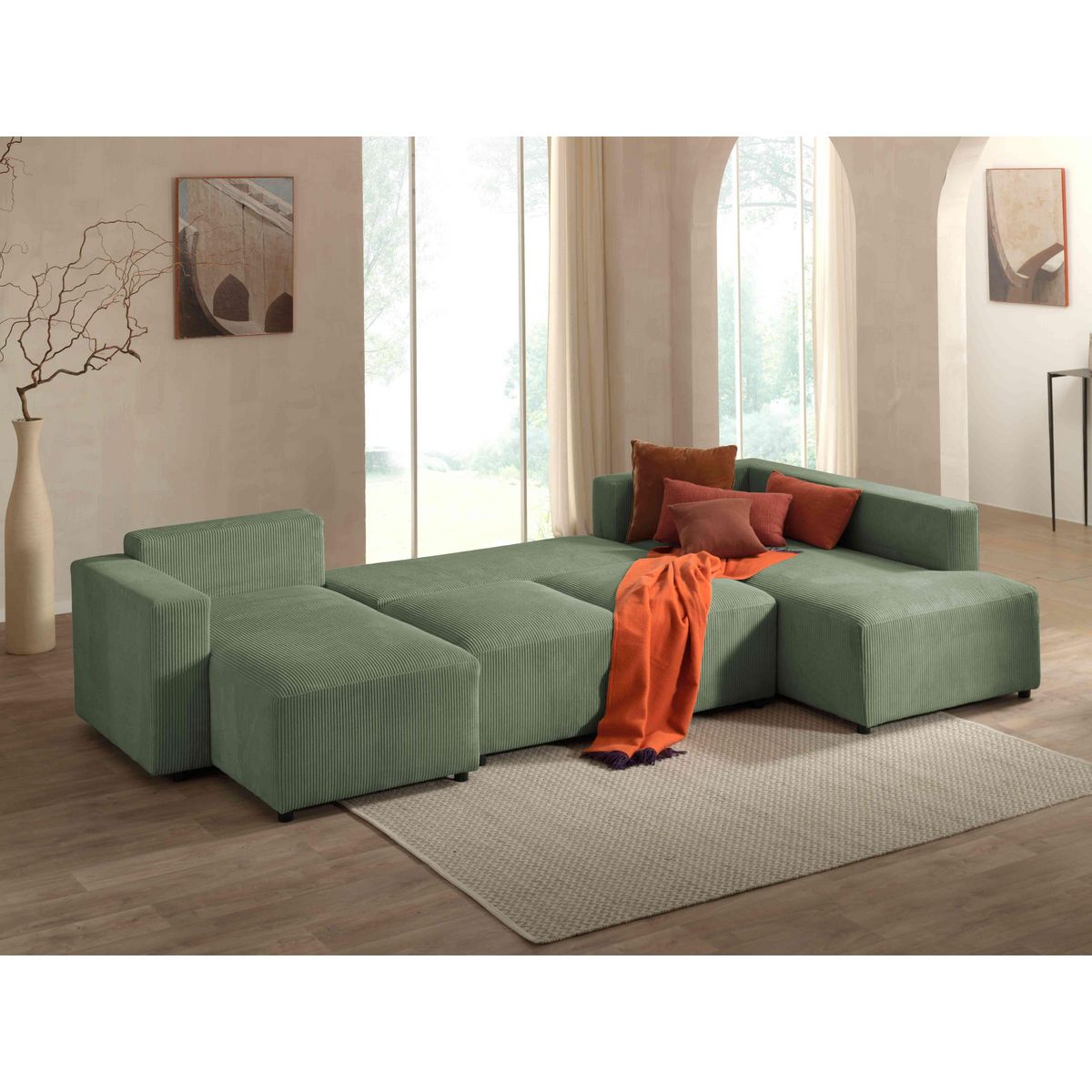 LISA DESIGN Livy - canapé panoramique convertible - avec coffre - en velours côtelé - 7 places - droit