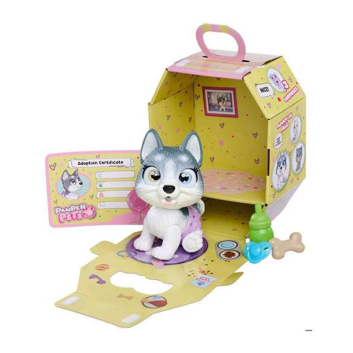 SILVERTORN Smoby - Pamper Petz - Husky a adopter - 4 accessoires - Articulé - Bois et fais pipi - Certificat d'adoption - Des 3 ans