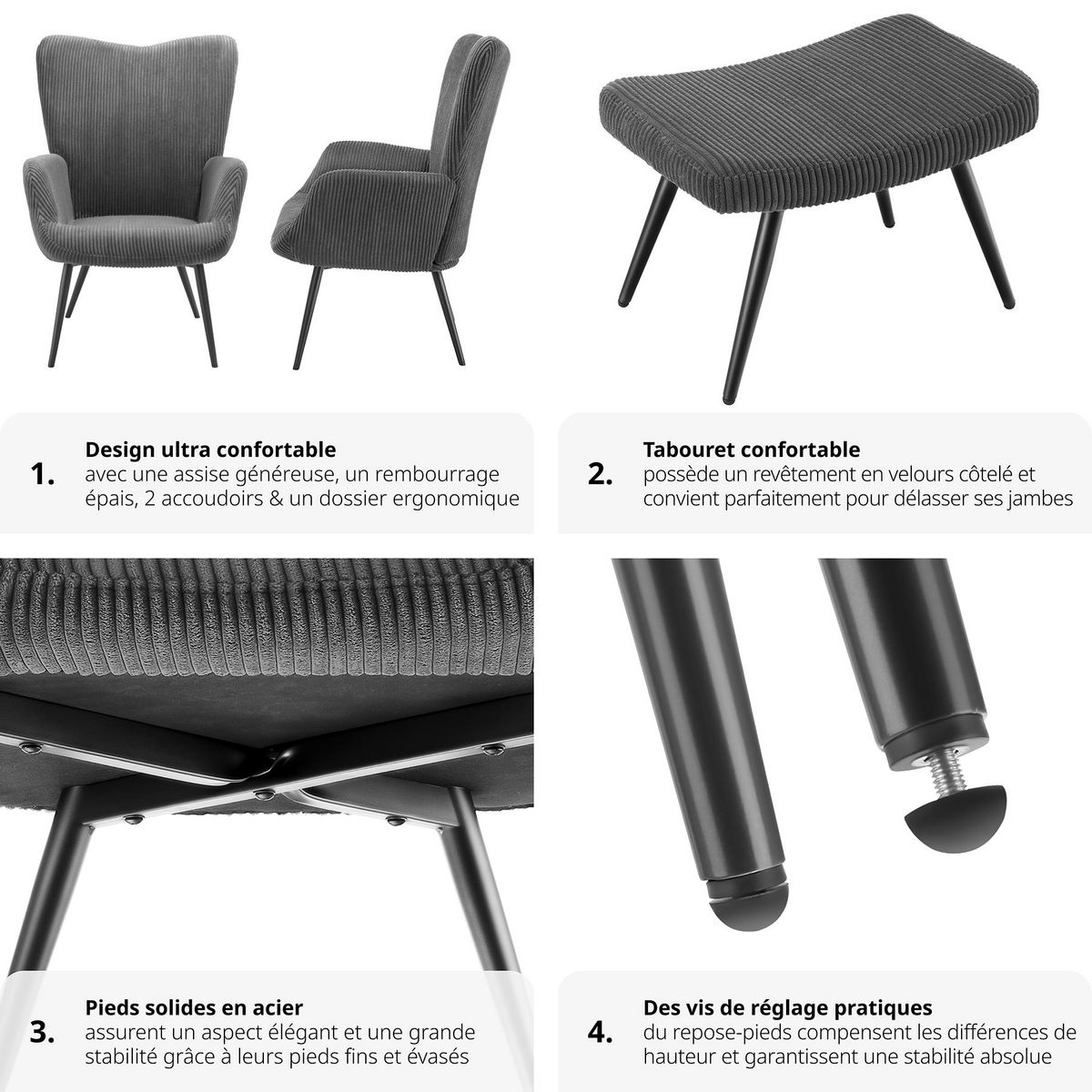 tectake Fauteuil rembourré Velours côtelé large anthracite/noir