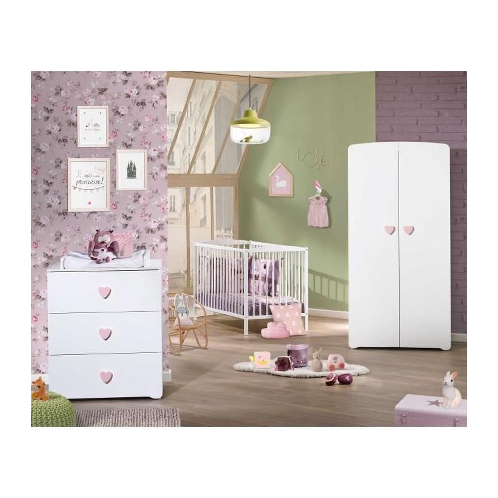 Voir la diapositive 3 : BABY PRICE BABY PRICE New Basic Commode a langer 3 tiroirs - Boutons Coeur Rose