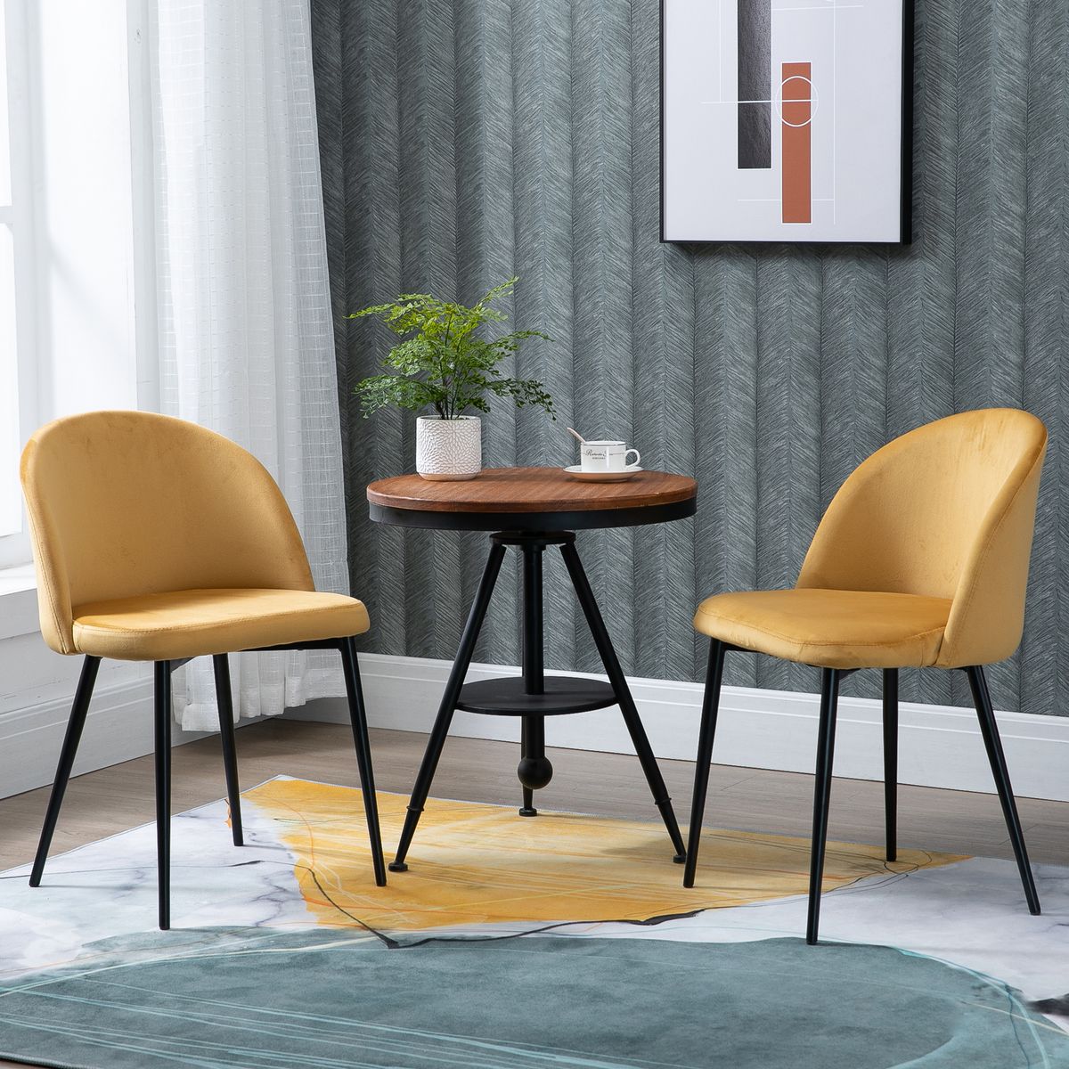 HOMCOM Chaises de visiteur design scandinave - lot de 2 chaises - pieds effilés métal noir - assise dossier ergonomique velours moutarde