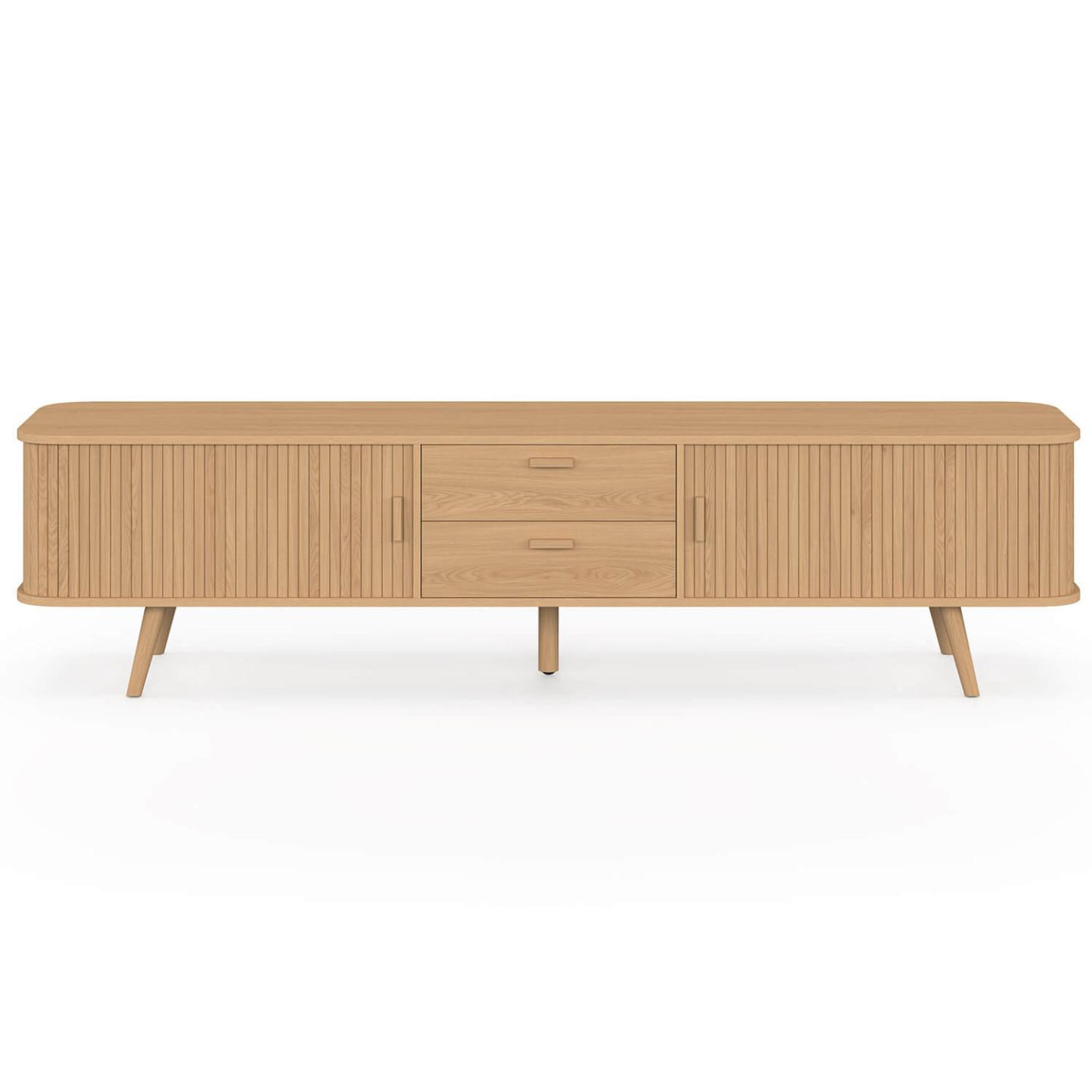 Voir la diapositive 3 : ID MARKET Meuble tv 200 cm romie 2 portes coulissantes et 2 tiroirs lattes tasseau bois coloris chêne