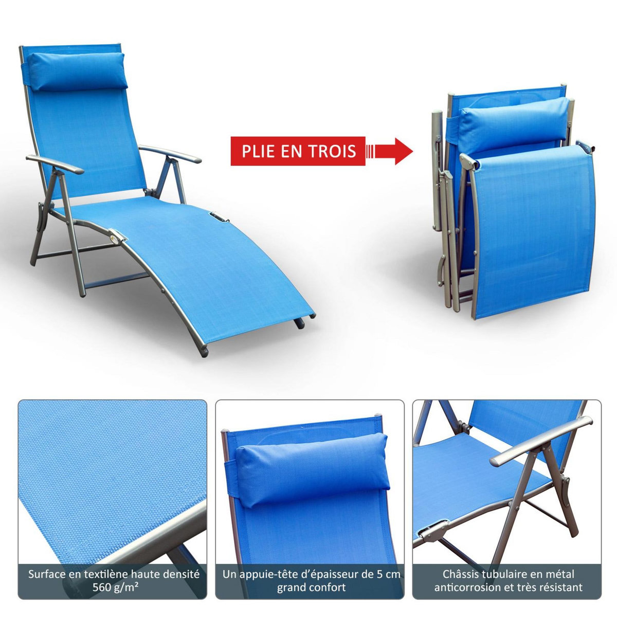 OUTSUNNY Outsunny transat chaise longue bain de soleil pliable dossier inclinable multi-positions têtière fournie 137L x 64l x 101H cm métal époxy textilène bleu