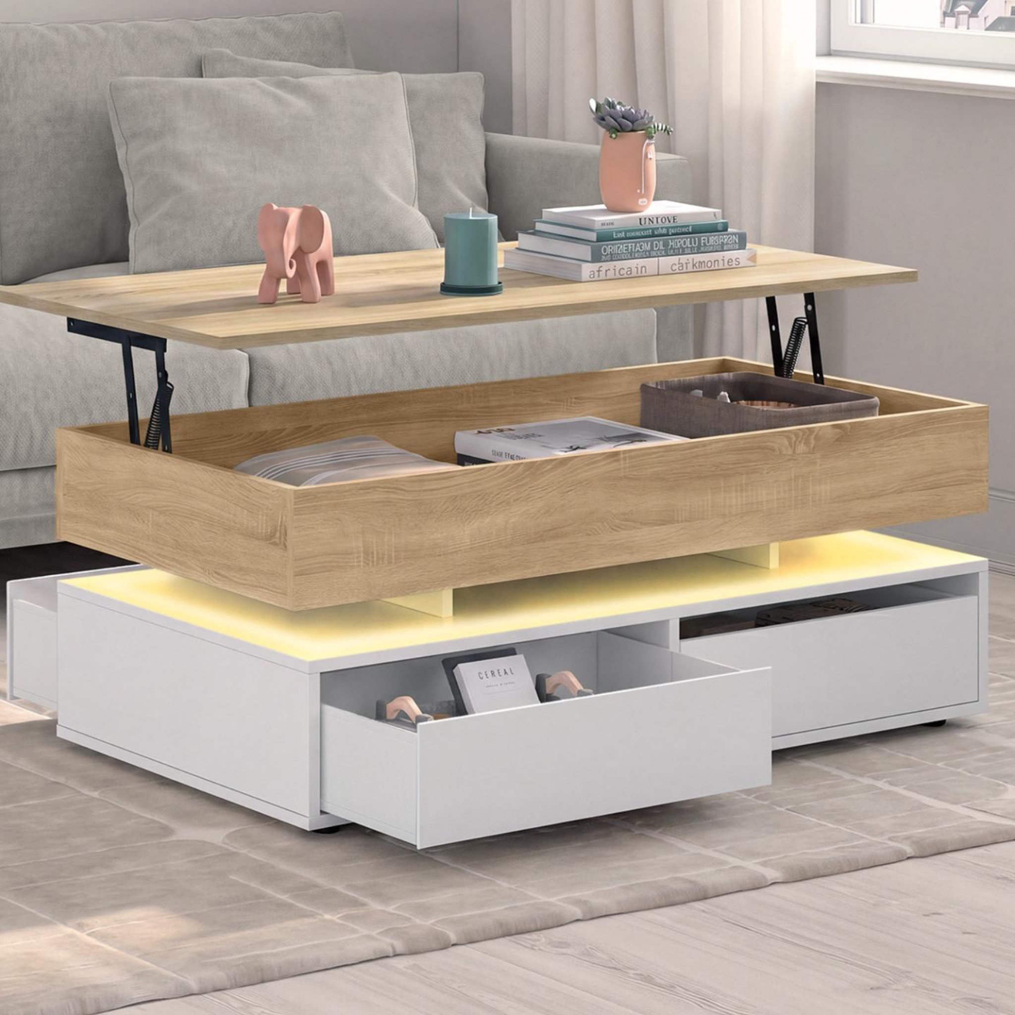 Voir la diapositive 2 : ID MARKET Table basse plateau relevable rectangulaire elsa 90 cm 4 tiroirs avec led en bois blanc et plateau façon hêtre