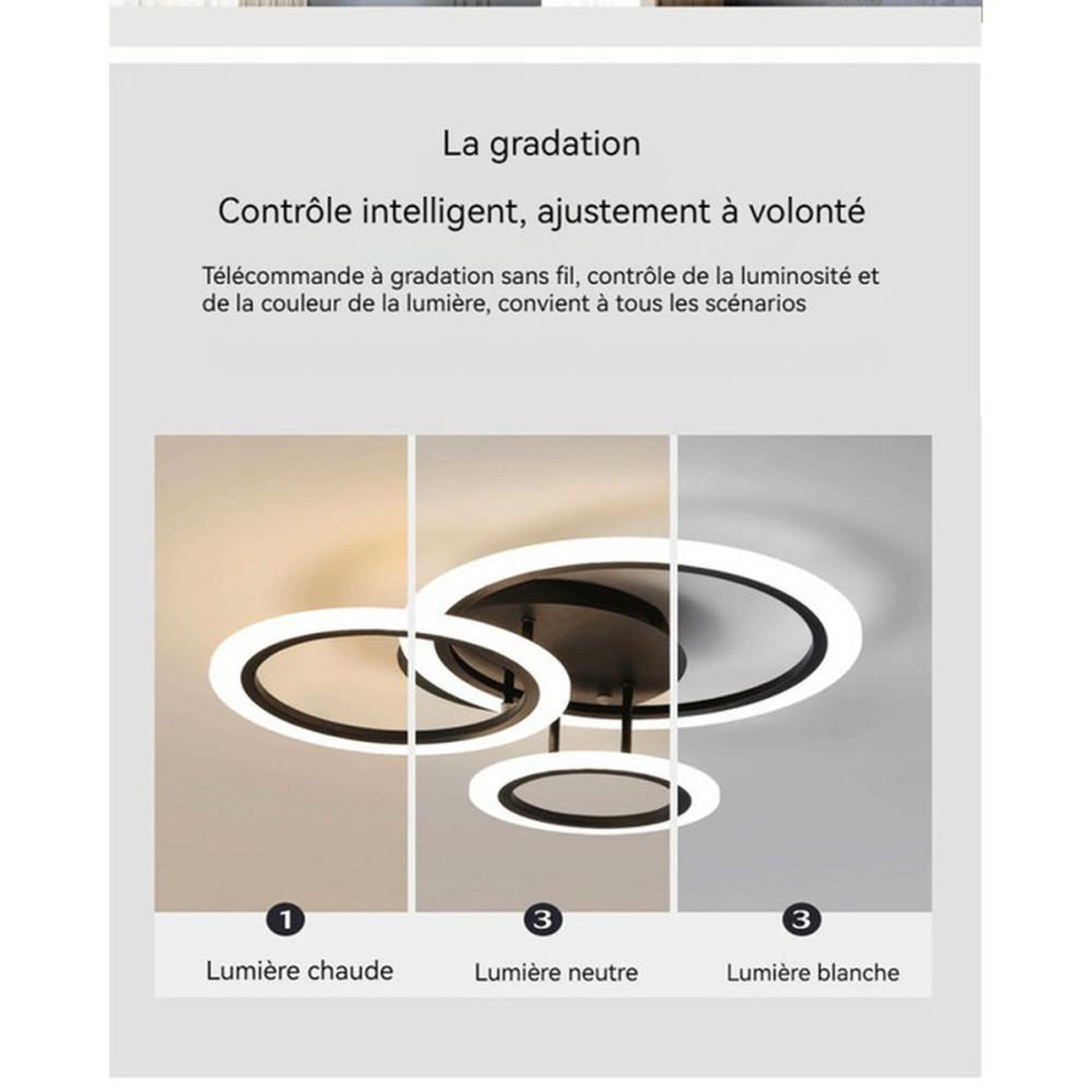 Voir la diapositive 2 : Plafonnier LED 3 anneaux circulaires dimmable 45 W 55 cm lumière CCT 2700-6500 K, métal noir mat et diffuseur acrylique