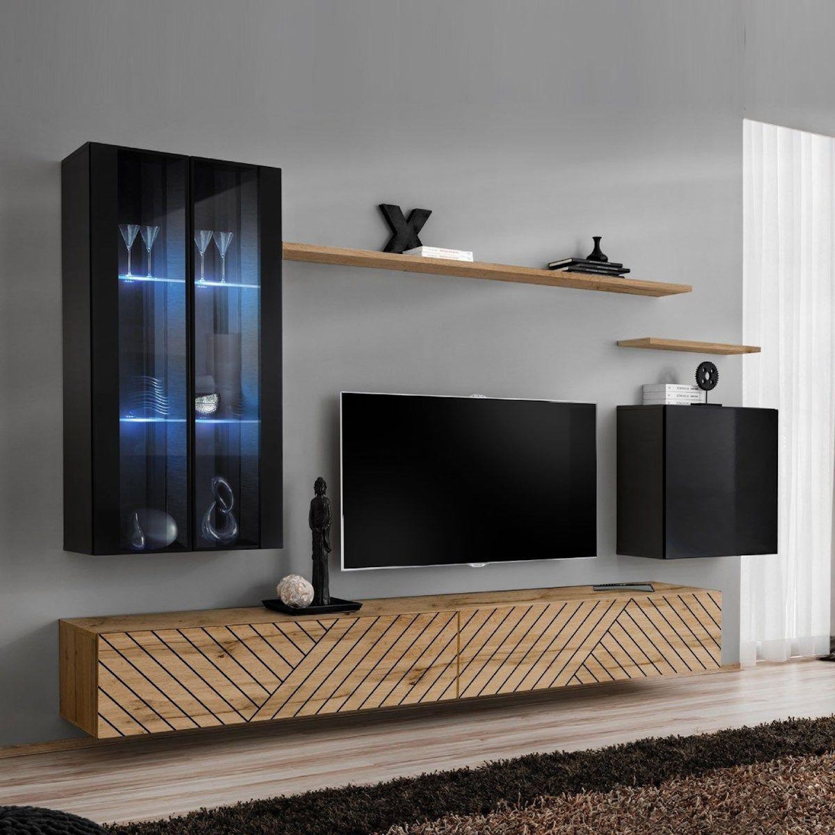 Paris Prix Ensemble Meuble TV  Switch Lamel XII  270cm Naturel & Noir