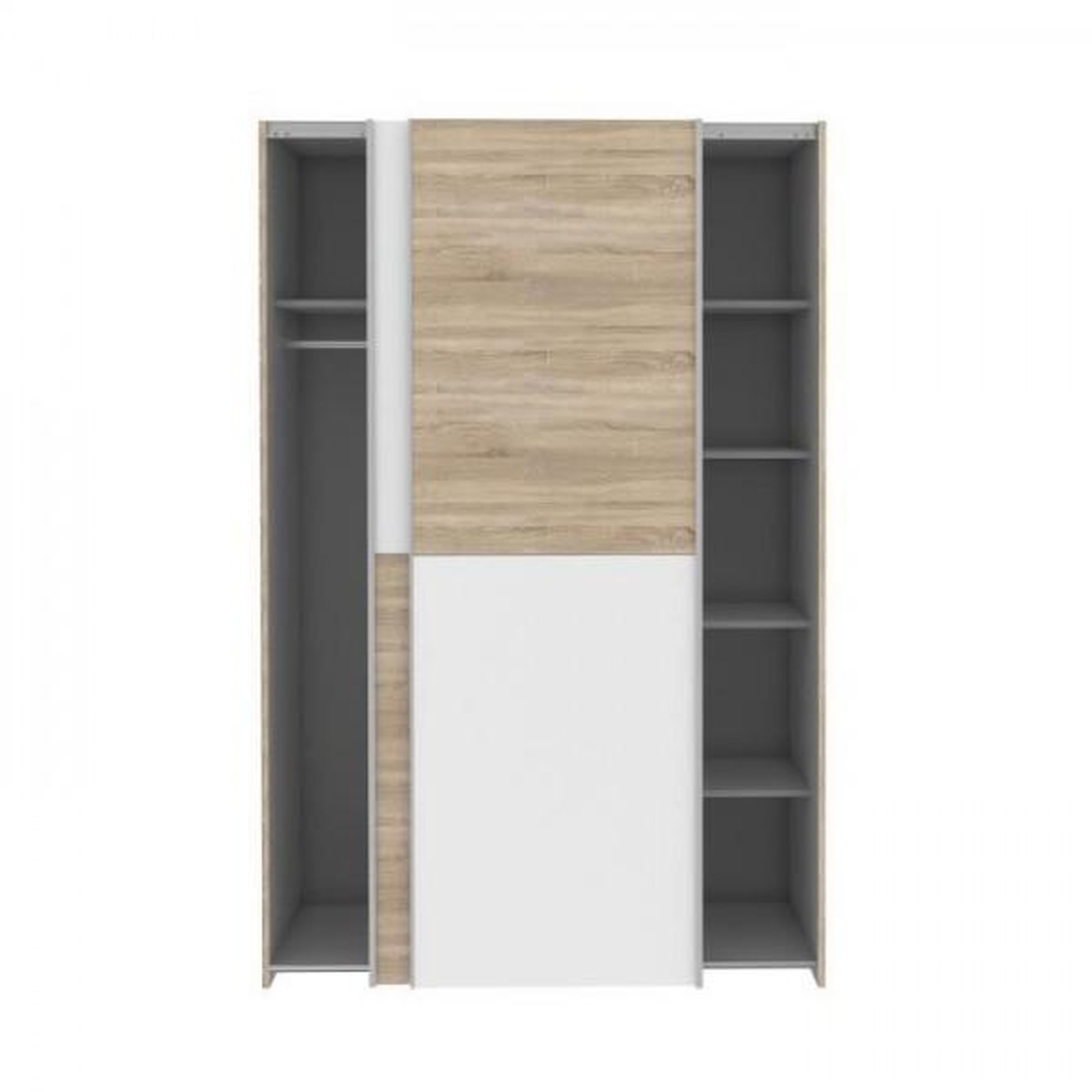 Voir la diapositive 5 : MARKET24 Armoire 2 portes coulissantes - Panneaux de particules - Blanc mat et décor chene - L 120 x P 61,2 x H 190,5 cm - OZZULA