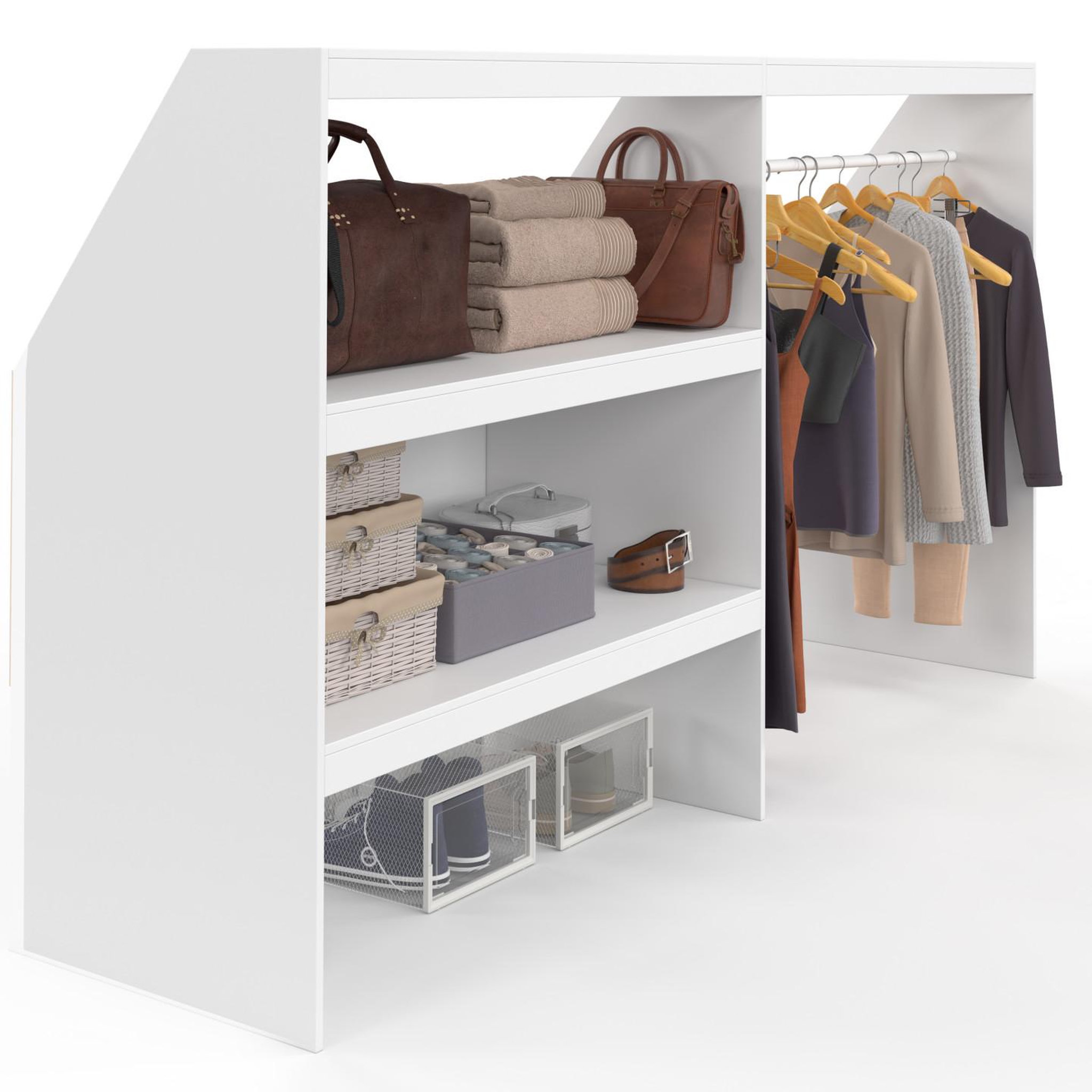 ID MARKET Kit dressing sous pente avec étagère 2 niveaux et penderie tomi 195 x 50 x 70/110 cm blanc