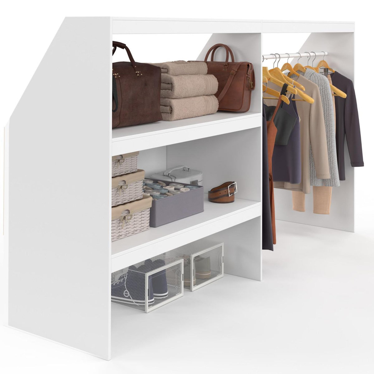 ID MARKET Kit dressing sous pente avec étagère 2 niveaux et penderie extensible TOMI 195 x 50 x 70/110 cm blanc