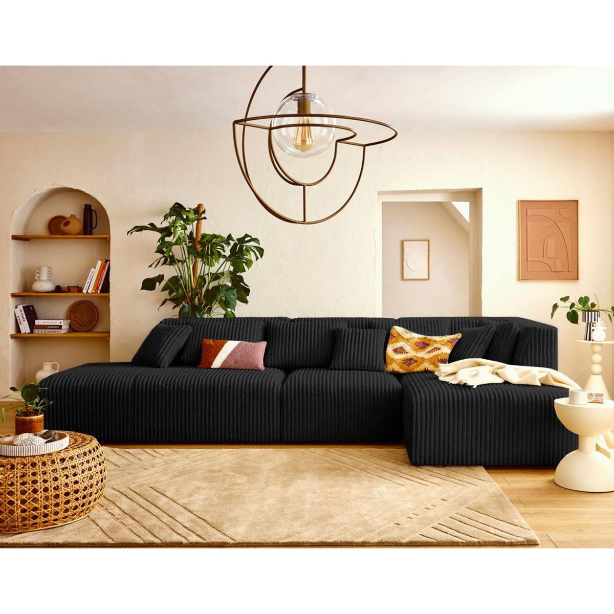 LISA DESIGN Victoire - canapé modulable d'angle droit 5 places en velours côtelé grosses côtes