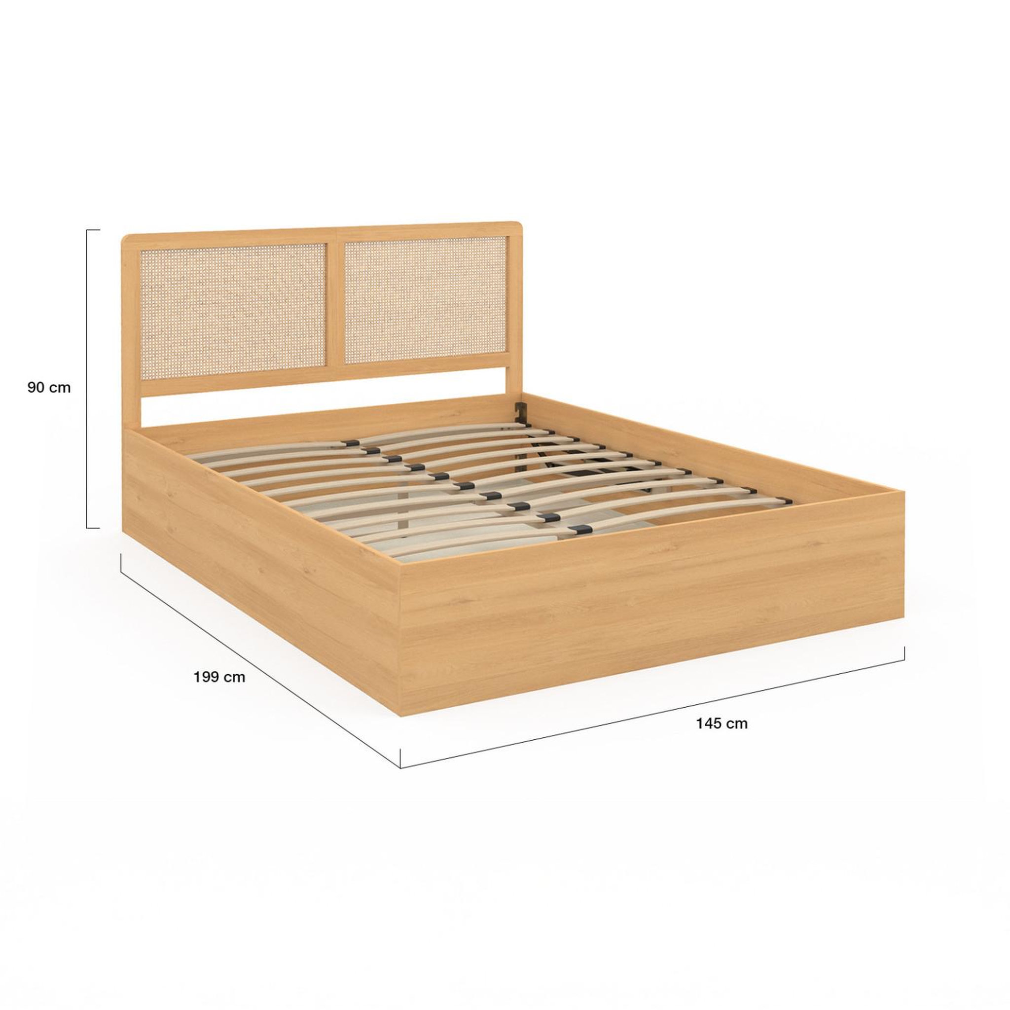 Voir la diapositive 5 : ID MARKET Lit coffre double edhen avec tête de lit cannage et sommier 140 x 190 cm coloris bois