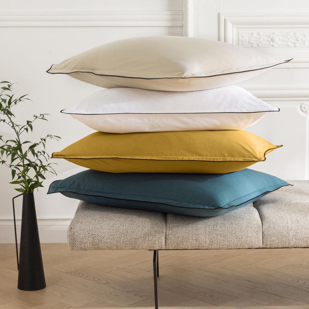 FUTURE HOME Lot de 2 taies d'oreiller unies en coton finition bourdon