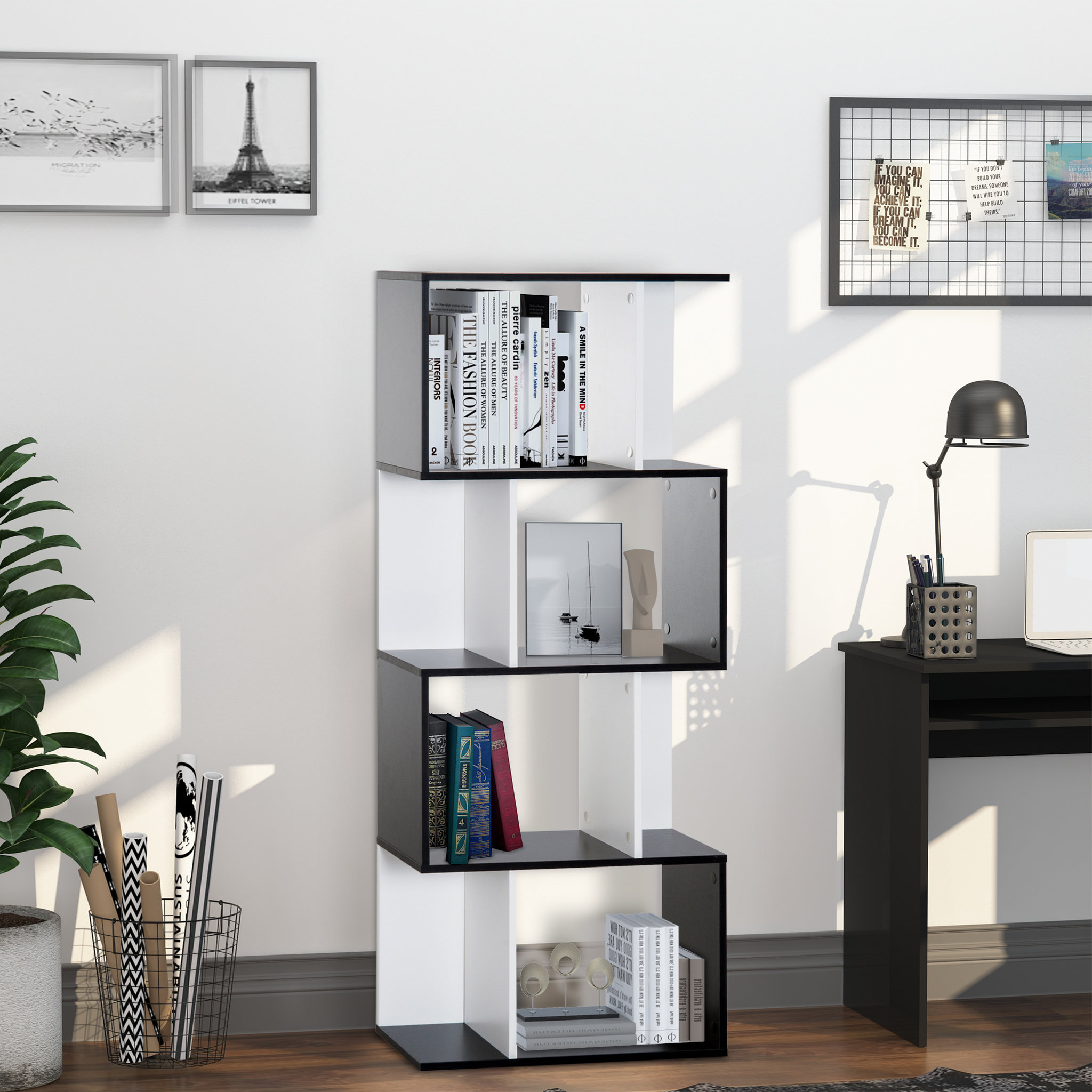 Voir la diapositive 2 : HOMCOM Bibliothèque étagère meuble de rangement design contemporain en S 4 étagères 60L x 24l x 148H cm noir blanc