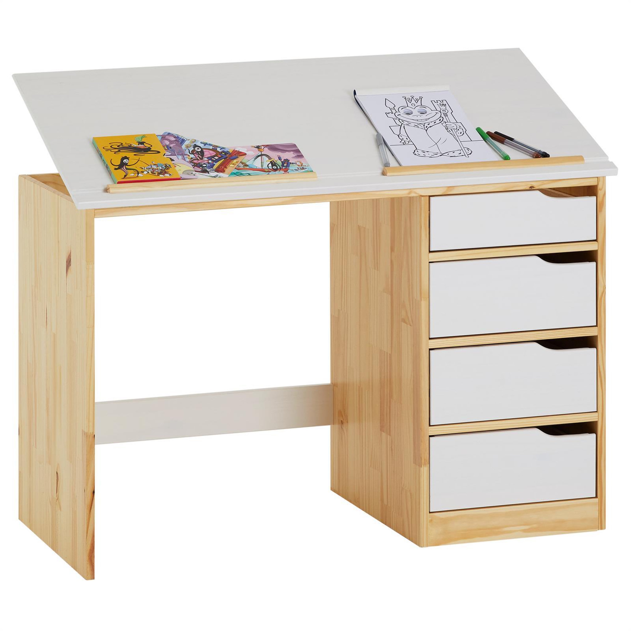 Voir la diapositive 1 : IDIMEX Bureau enfant EMMA, en pin massif, 4 tiroirs et plateau inclinable